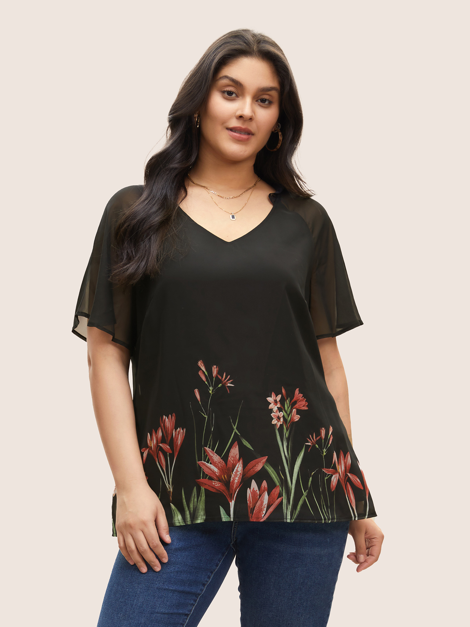 Plus Size Women Everyday Bohemian Print Patchwork Ruffle Sleeve Short sleeve V-neck Elegant Blouses BloomChic 