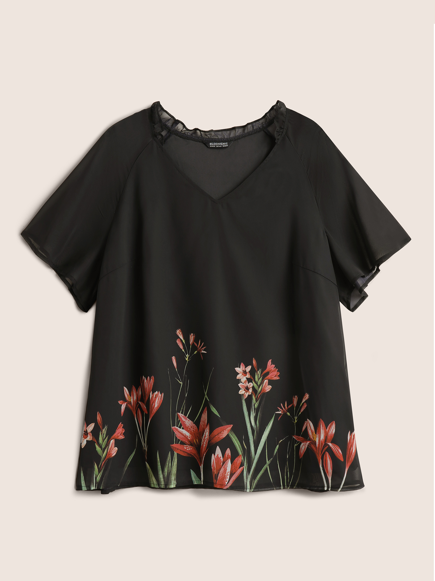 Plus Size Women Everyday Bohemian Print Patchwork Ruffle Sleeve Short sleeve V-neck Elegant Blouses BloomChic 