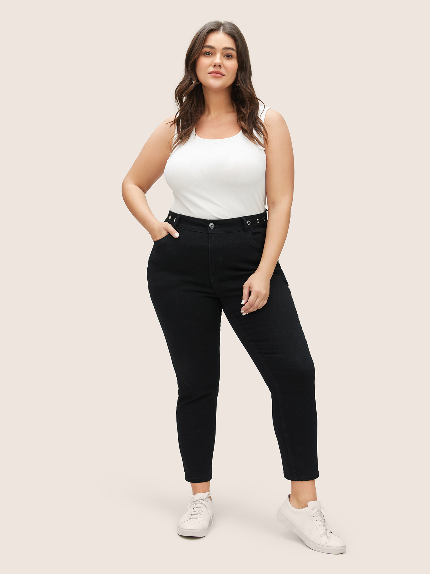 Plus Size Women Everyday Plain High stretch Regular Black Wash Casual Jeans BloomChic 