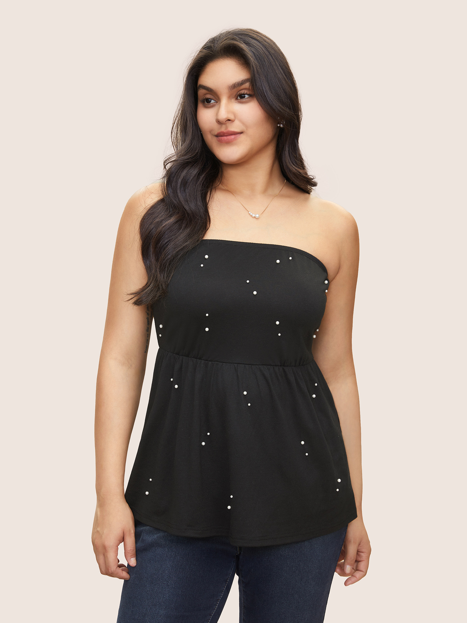 

Plus Size Solid Pearl Beaded Shoulderless Tank Top Women Black Elegant Beaded Strapless Everyday Tank Tops Camis BloomChic