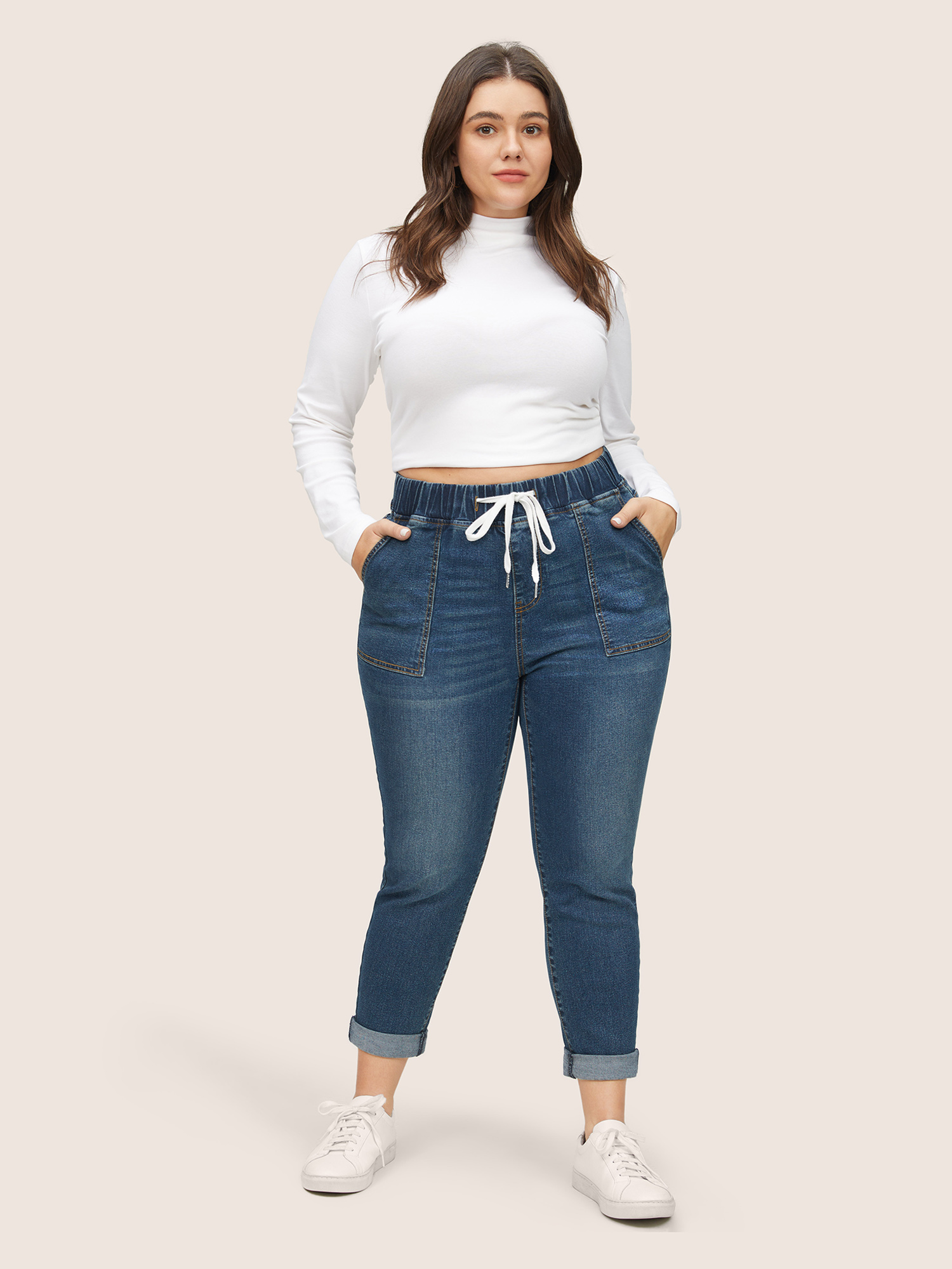 Plus Size Women Everyday Roll Hem High stretch Straight Leg Dark Wash Casual Jeans BloomChic 