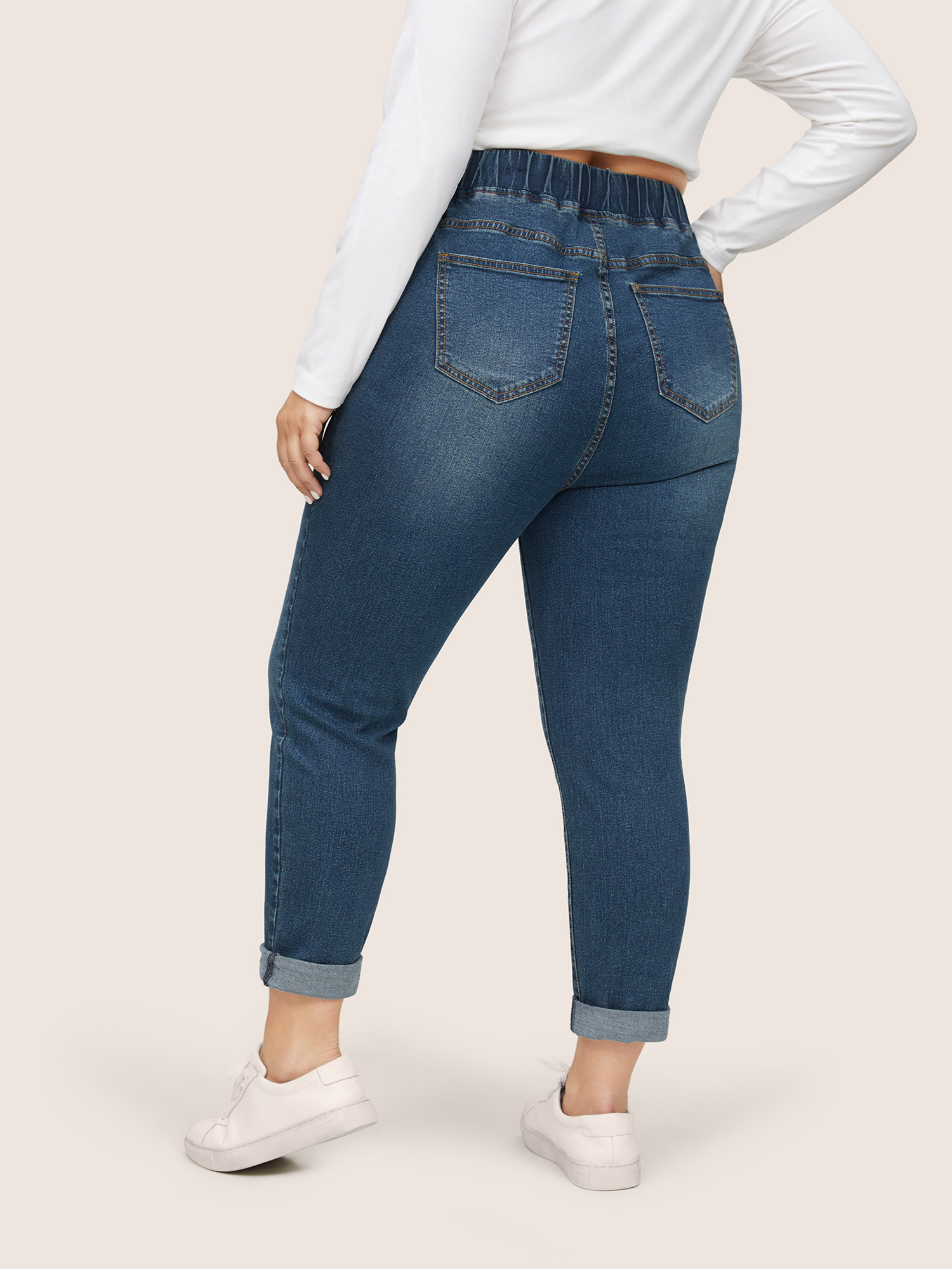 Plus Size Women Everyday Roll Hem High stretch Straight Leg Dark Wash Casual Jeans BloomChic 