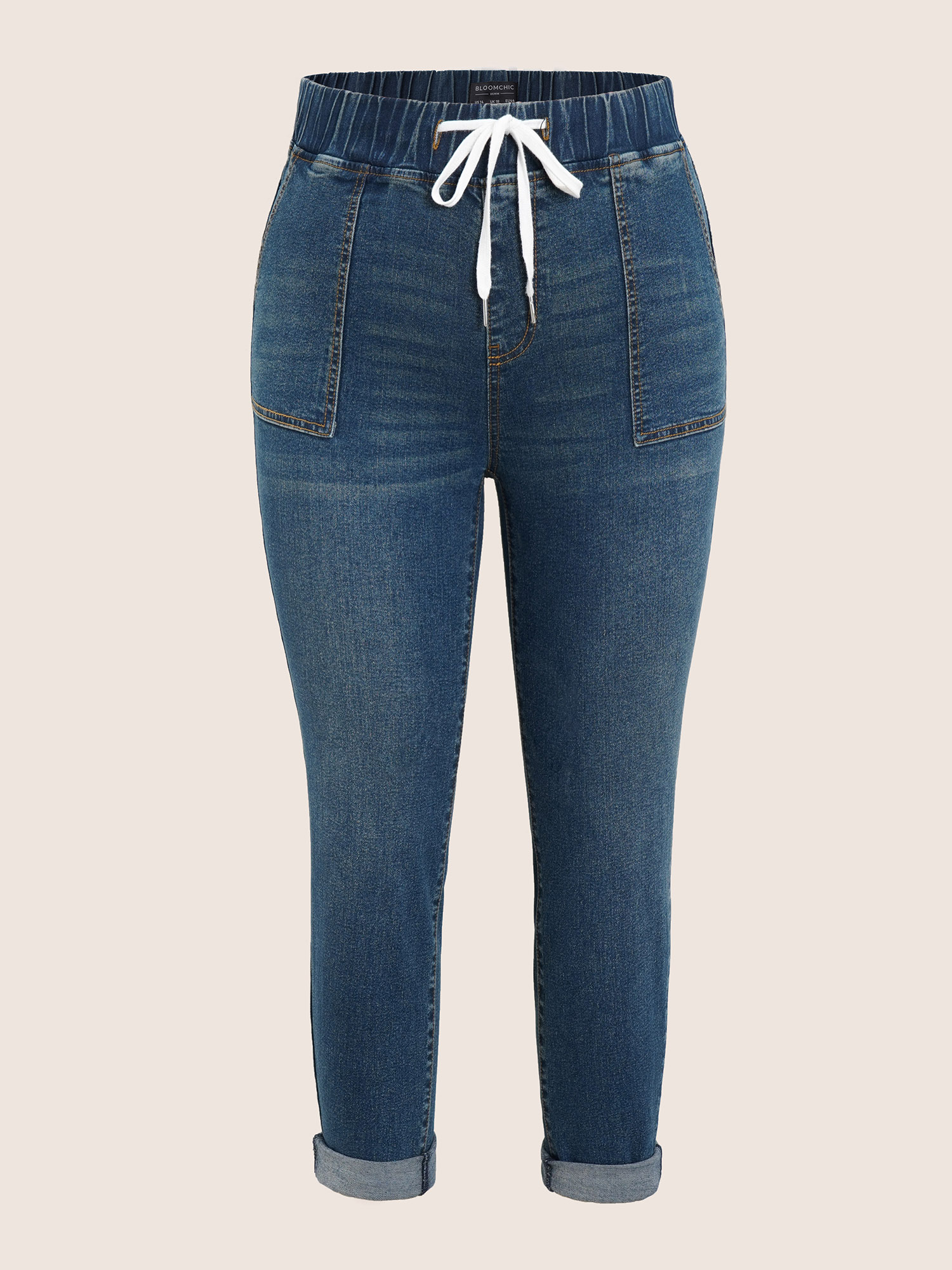 Plus Size Women Everyday Roll Hem High stretch Straight Leg Dark Wash Casual Jeans BloomChic 