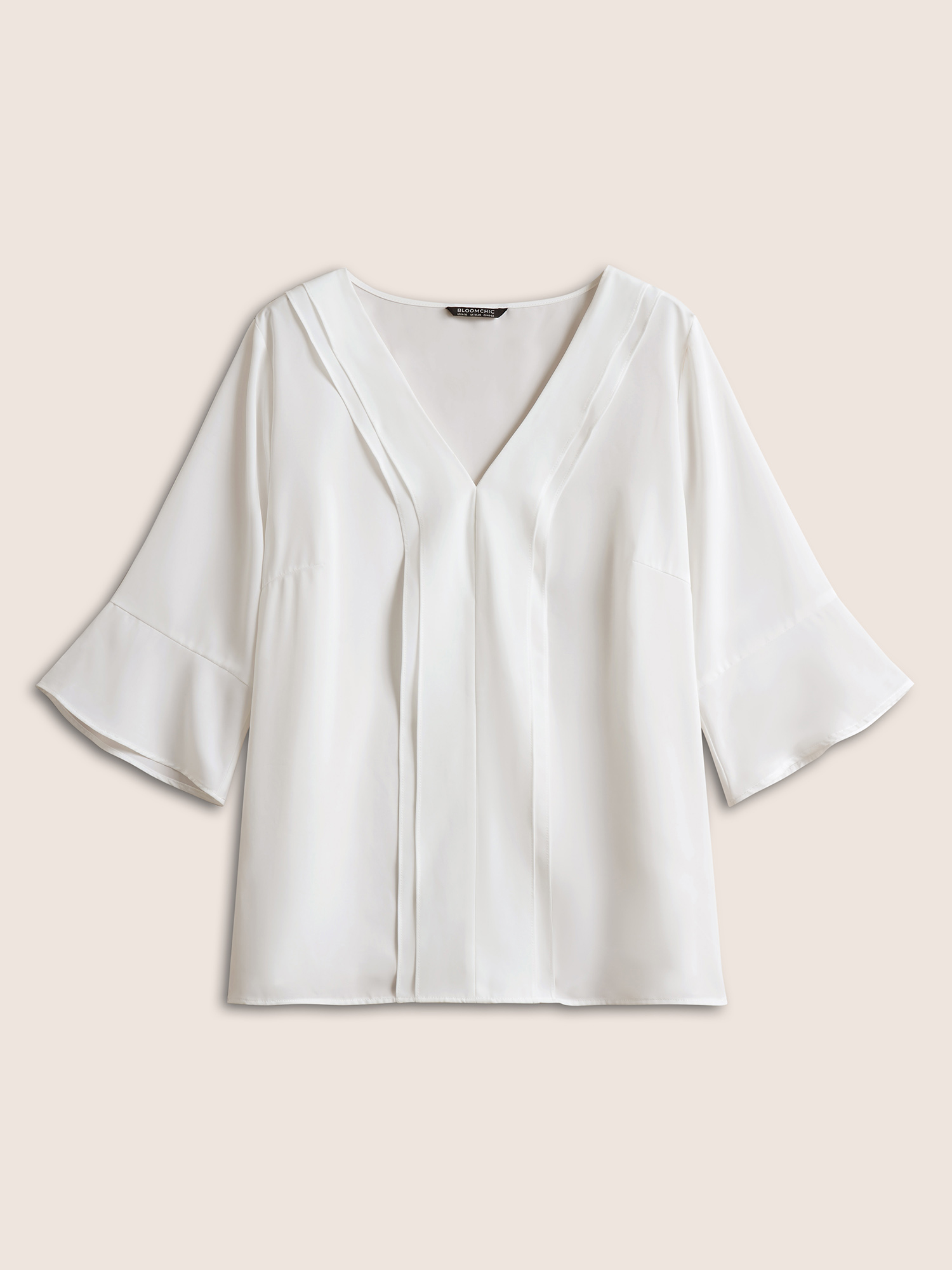 

Plus Size White V Neck Plain Ruffles Pleated Blouse Women Work From Home Elbow-length sleeve V-neck Work Blouses BloomChic