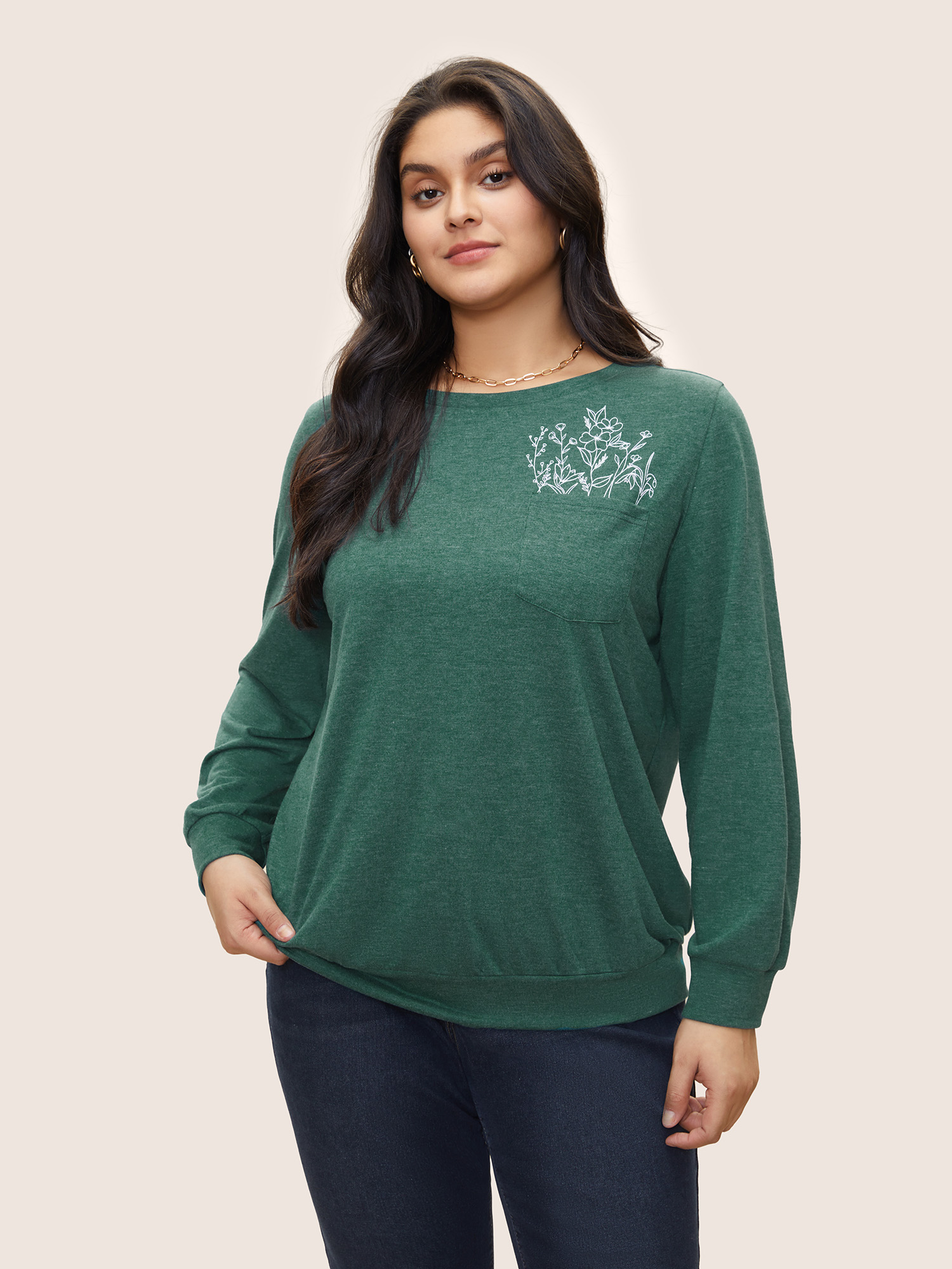 

Plus Size Floral Print Heather Patched Pocket Sweatshirt Women Green Casual Non Everyday Sweatshirts BloomChic