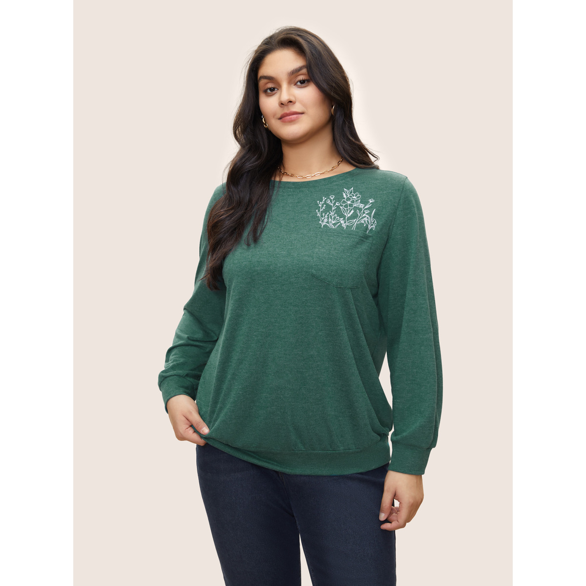 

Plus Size Floral Print Heather Patched Pocket Sweatshirt Women Green Casual Non Everyday Sweatshirts BloomChic