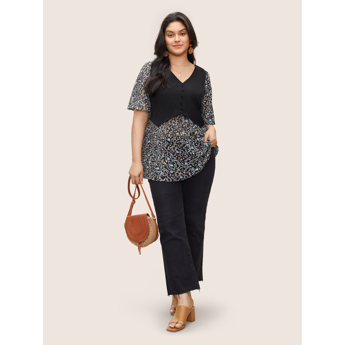 

Plus Size Black Ditsy Floral Patchwork Button Detail Blouse Women Resort Short sleeve V-neck Vacation Blouses BloomChic