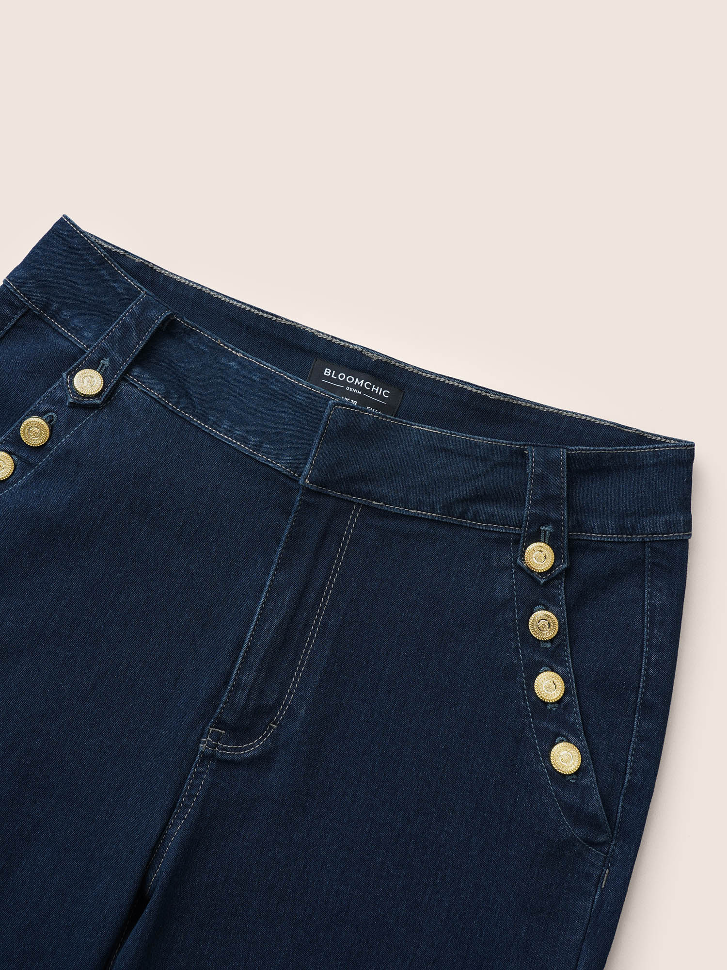 

Plus Size Dark Wash Zipper Button Detail Flare Leg Jeans Women DarkBlue Elegant Plain Non High stretch Slanted pocket Jeans BloomChic
