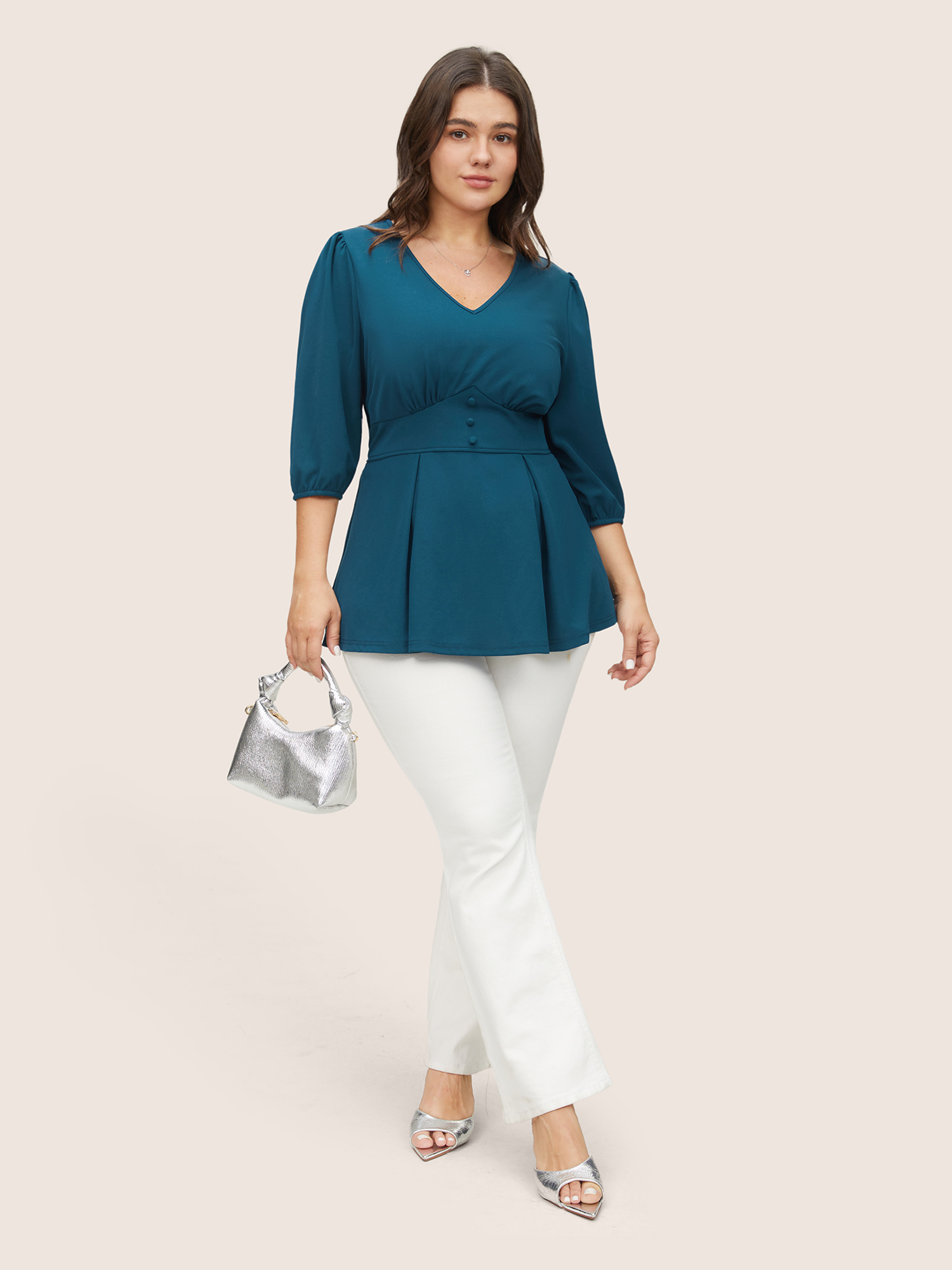 

Plus Size Aegean Plain Plicated Detail Button Detail Blouse Women At the Office Elbow-length sleeve V-neck Work Blouses BloomChic