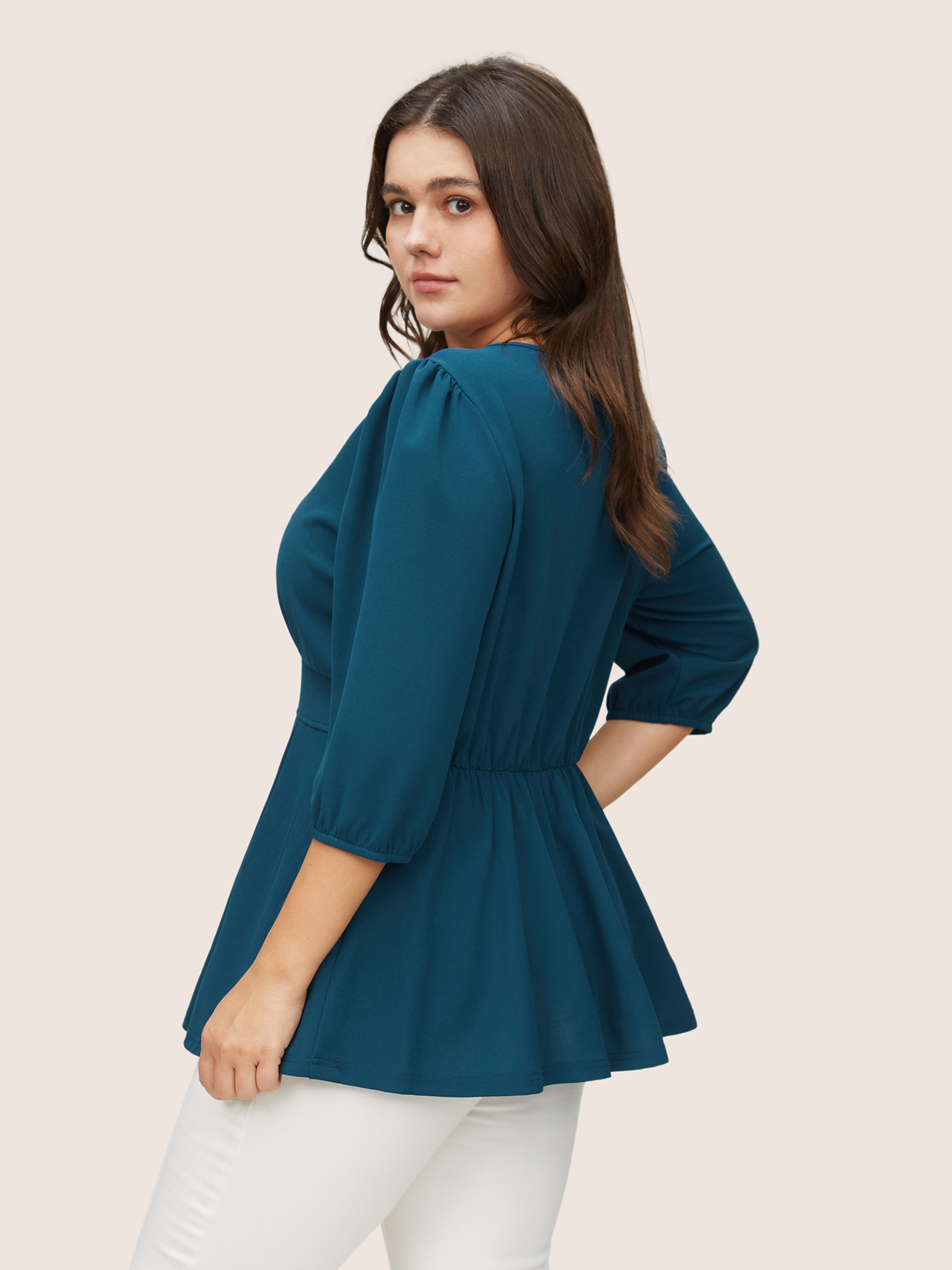 Plus Size Aegean Plain Plicated Detail Button Detail Blouse Women At the Office Elbow-length sleeve V-neck Work Blouses BloomChic 10/M 