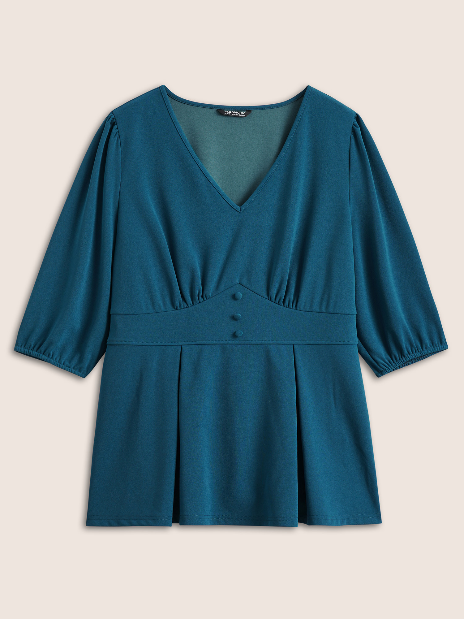Plus Size Aegean Plain Plicated Detail Button Detail Blouse Women At the Office Elbow-length sleeve V-neck Work Blouses BloomChic 10/M 
