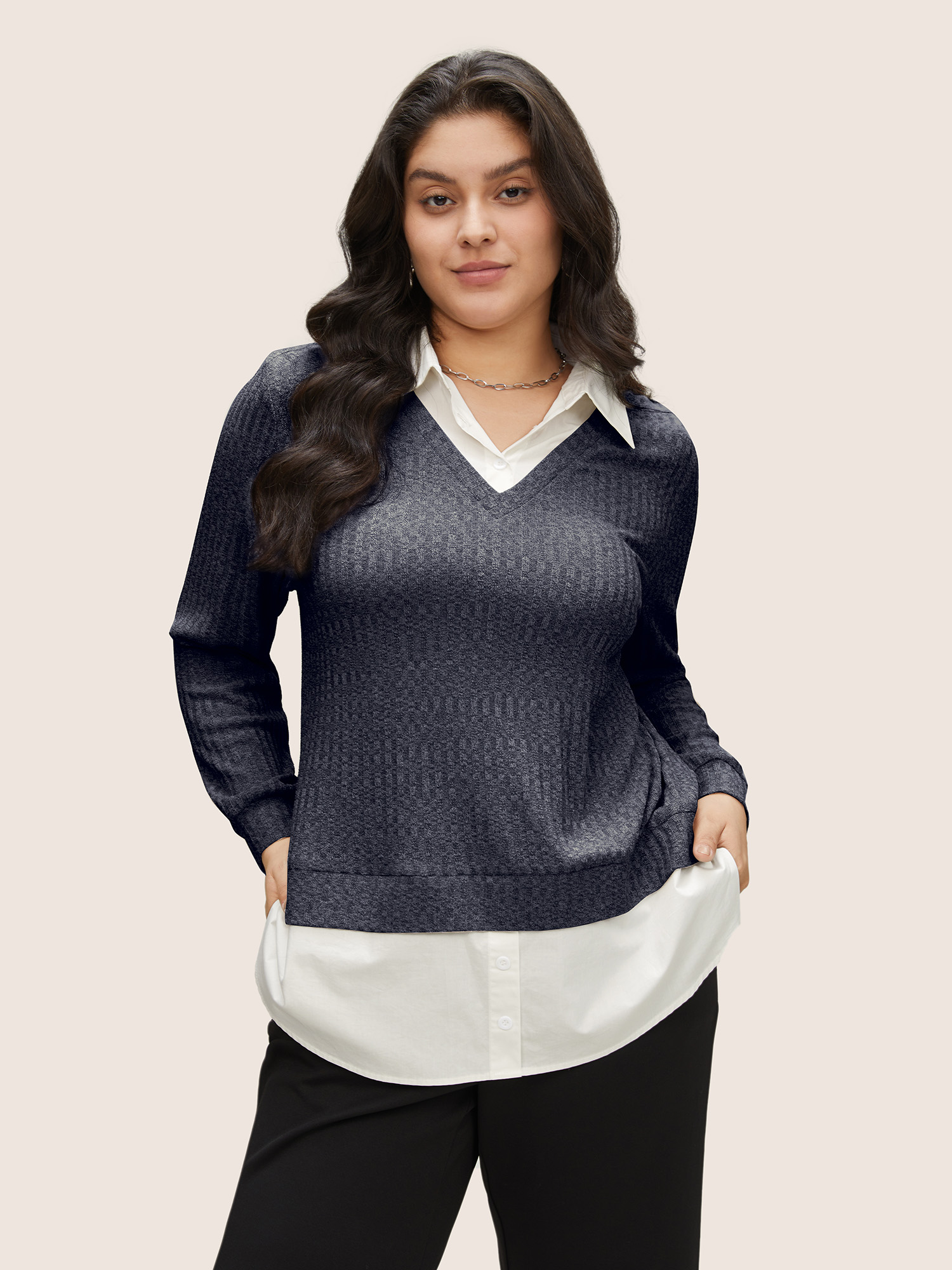 

Plus Size 2-In-1 Patchwork Shirt Collar Sweatshirt Women Indigo At the Office Contrast Shirt collar Work Sweatshirts BloomChic