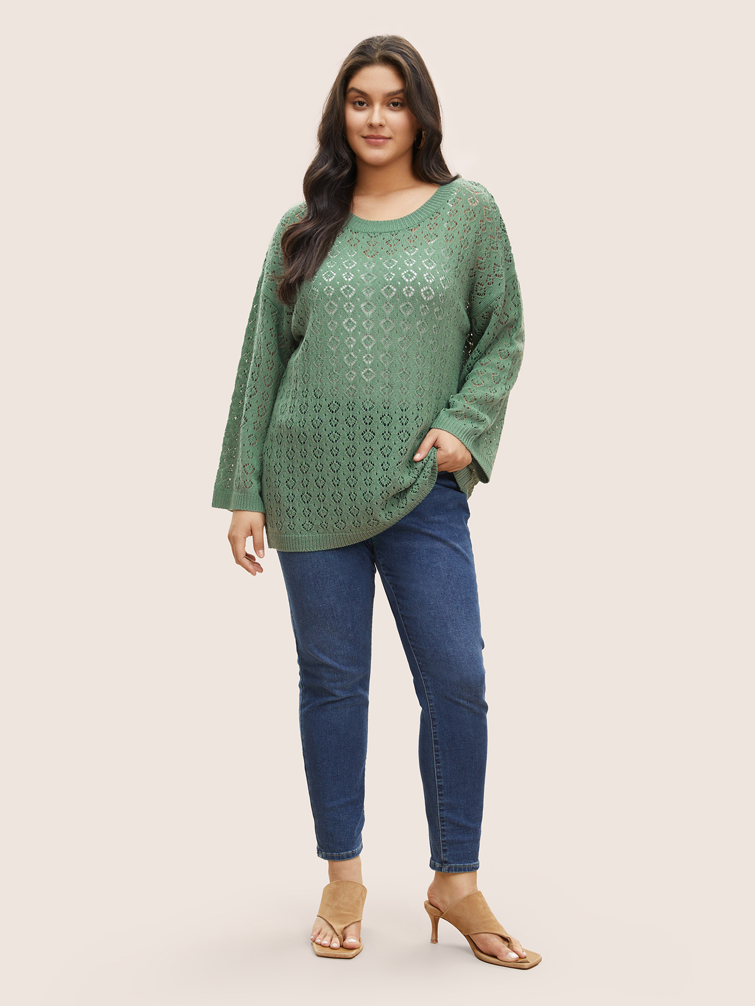

Plus Size Solid Pointelle Knit Bell Sleeve Pullover Emerald Long Sleeve Round Neck Casual Knit Tops  Bloomchic