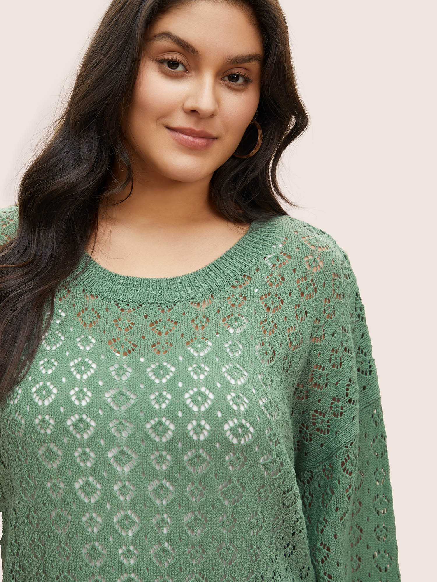 Plus Size Solid Pointelle Knit Bell Sleeve Pullover Emerald Long Sleeve Round Neck Casual Knit Tops 10/M Bloomchic 