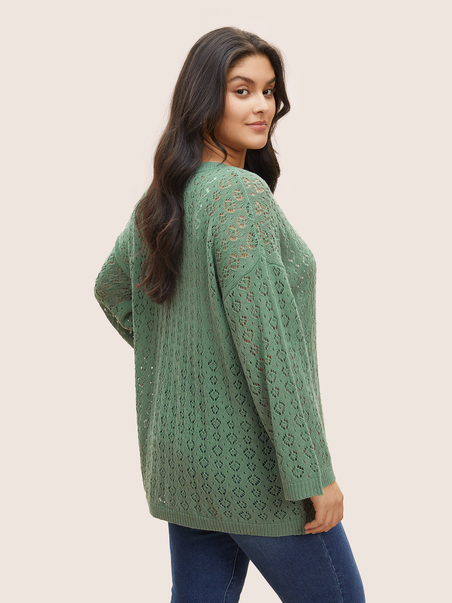 Plus Size Solid Pointelle Knit Bell Sleeve Pullover Emerald Long Sleeve Round Neck Casual Knit Tops 10/M Bloomchic 