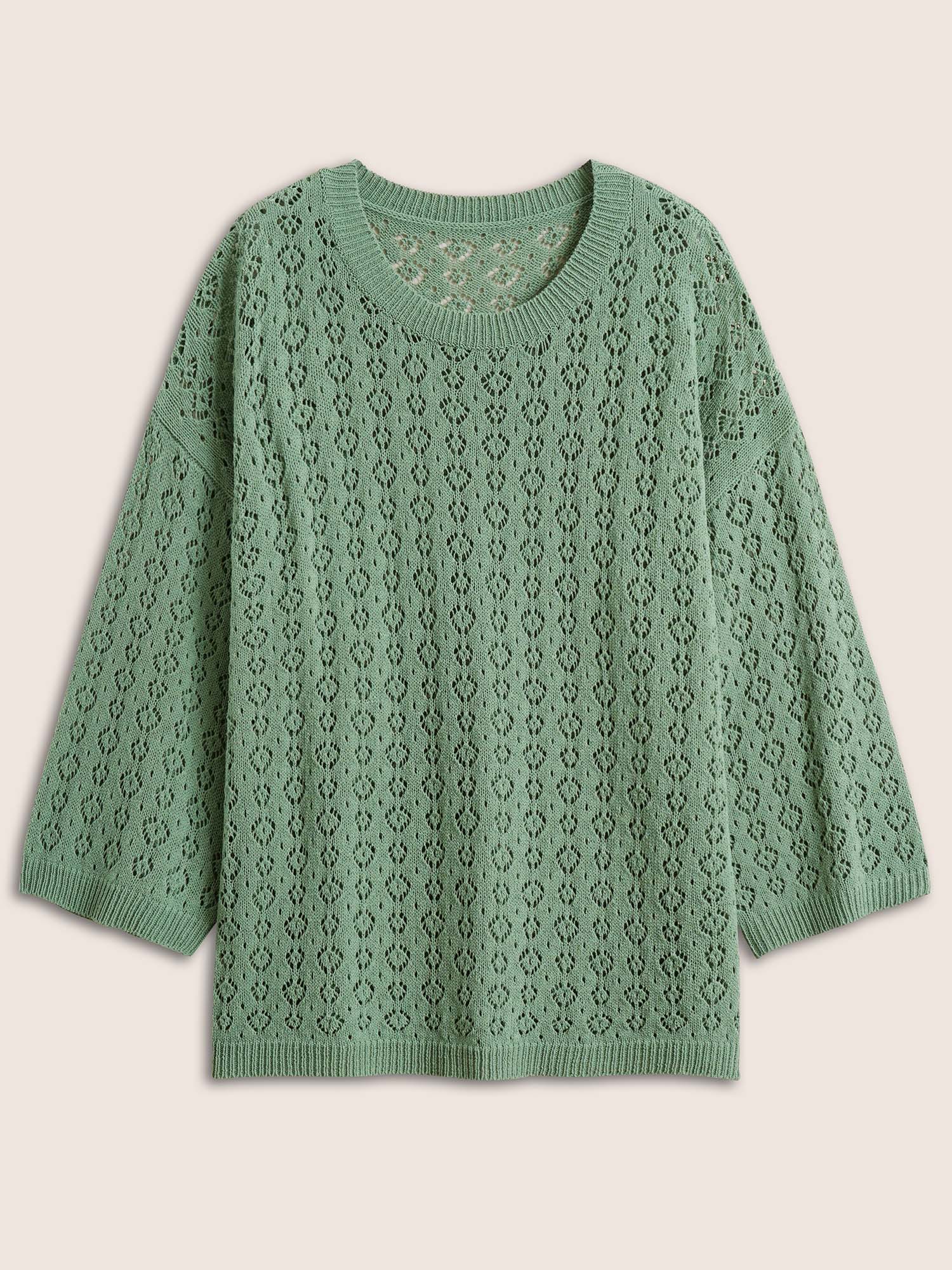 Plus Size Solid Pointelle Knit Bell Sleeve Pullover Emerald Long Sleeve Round Neck Casual Knit Tops 10/M Bloomchic 