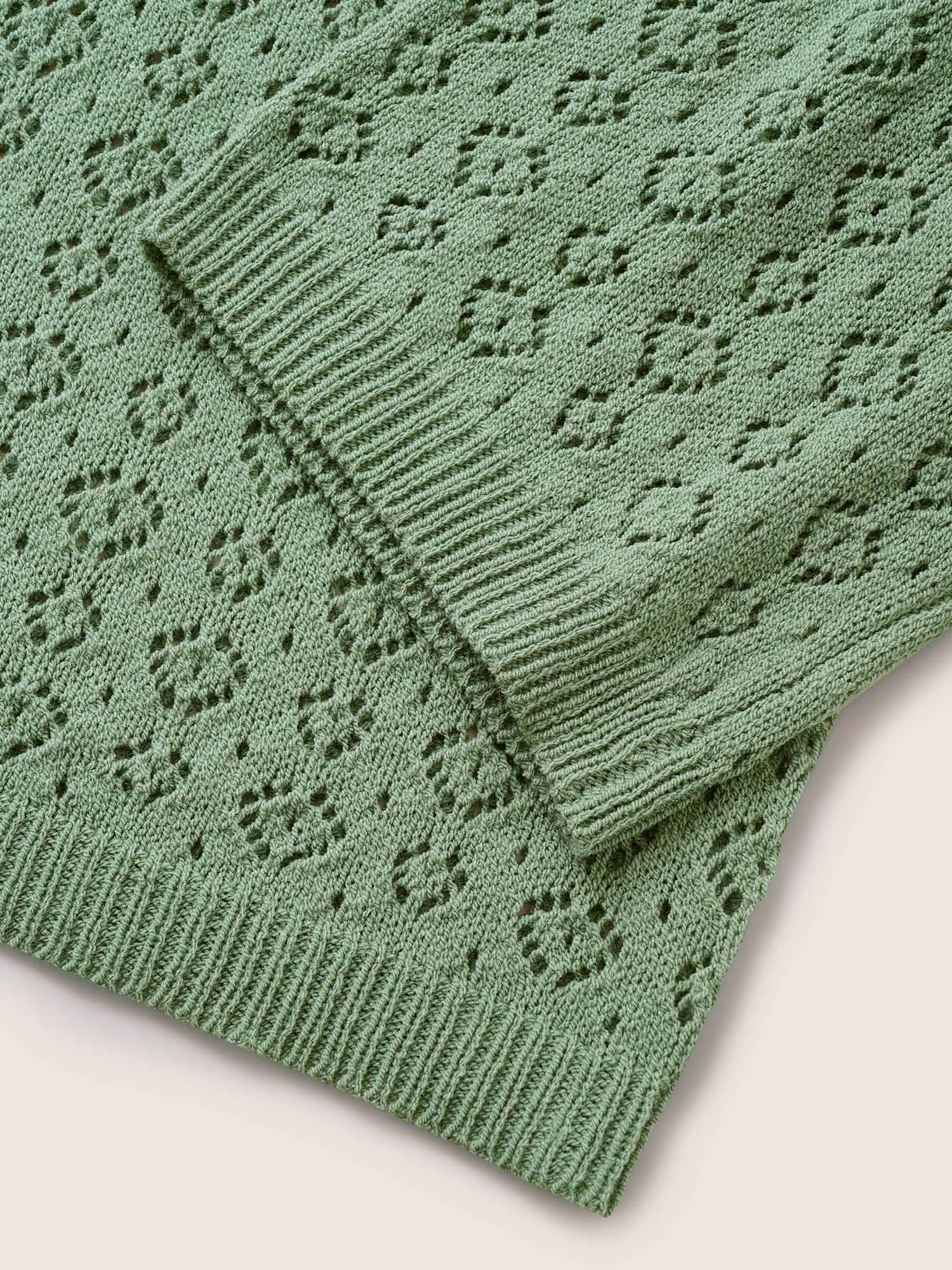Plus Size Solid Pointelle Knit Bell Sleeve Pullover Emerald Long Sleeve Round Neck Casual Knit Tops 10/M Bloomchic 