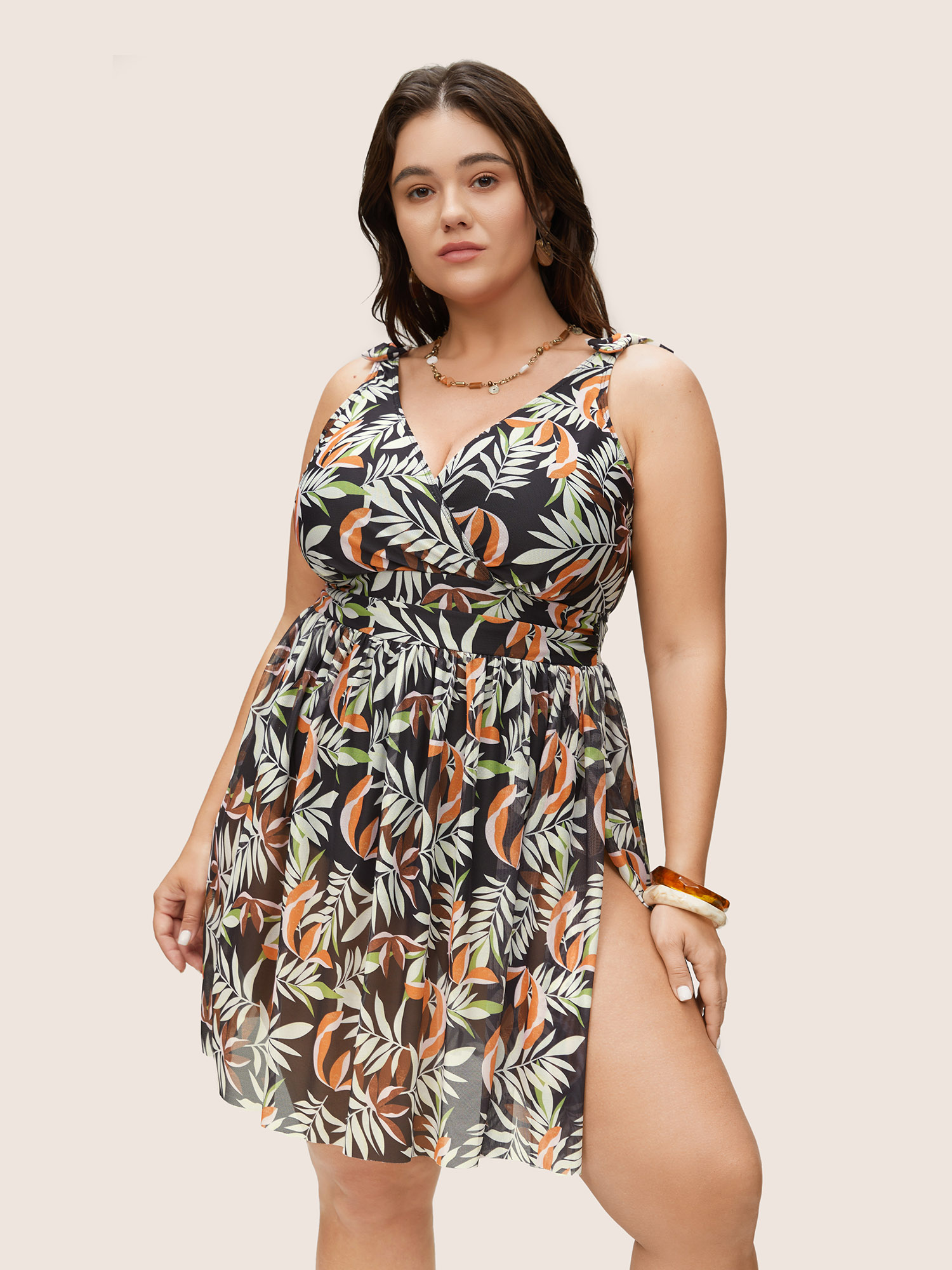 Plus Size Tropical Print Gathered Split Hem Swim Dress Women's Swimwear Black Beach Bodycon V-neck High Stretch Curve Swim Dresses BloomChic 12/L