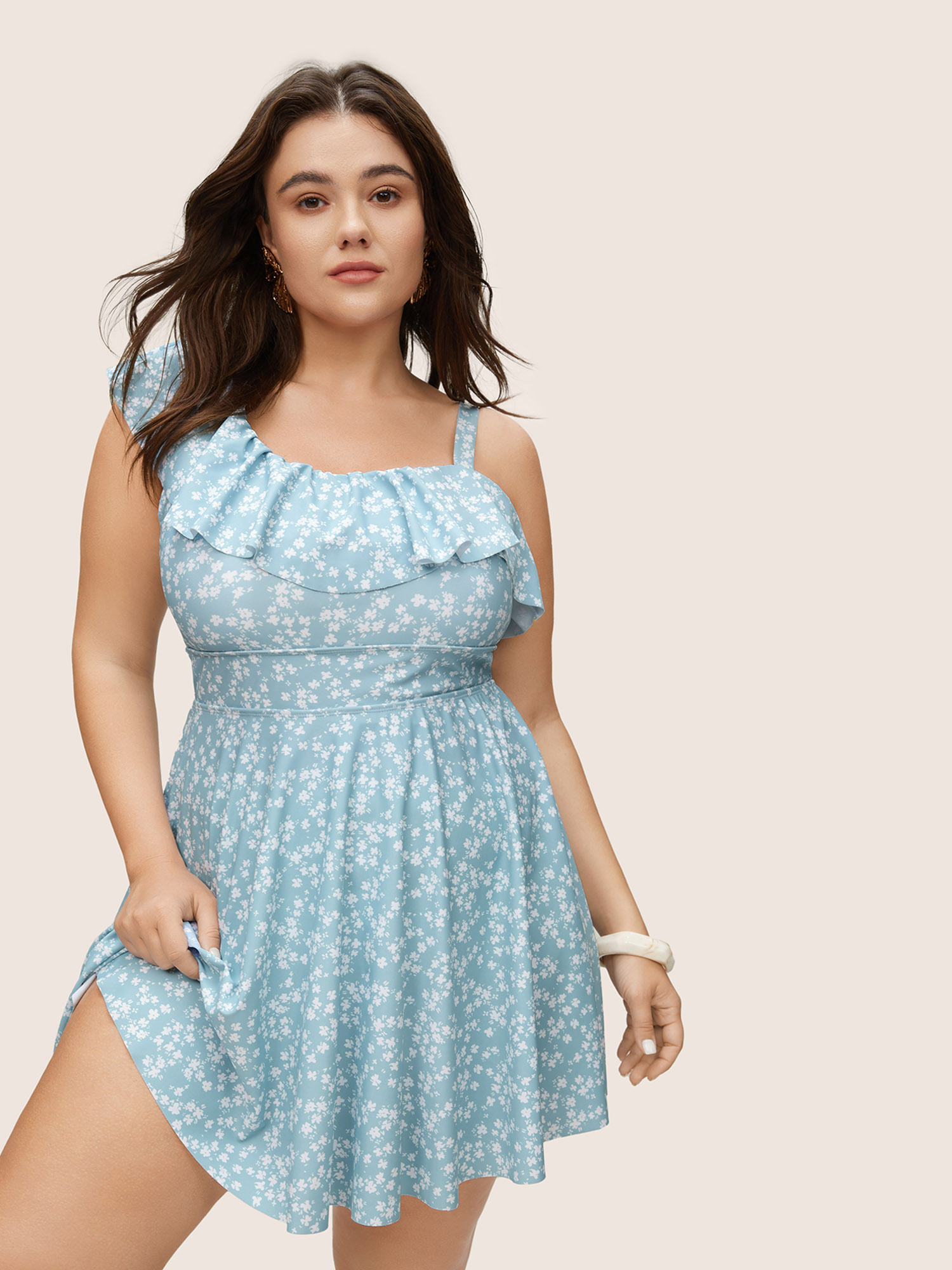 

Plus Size Ditsy Floral Asymmetrical Neck Ruffles Swim Dress Women's Swimwear Cerulean Beach Bodycon Spaghetti Strap High stretch Curve Swim Dresses BloomChic