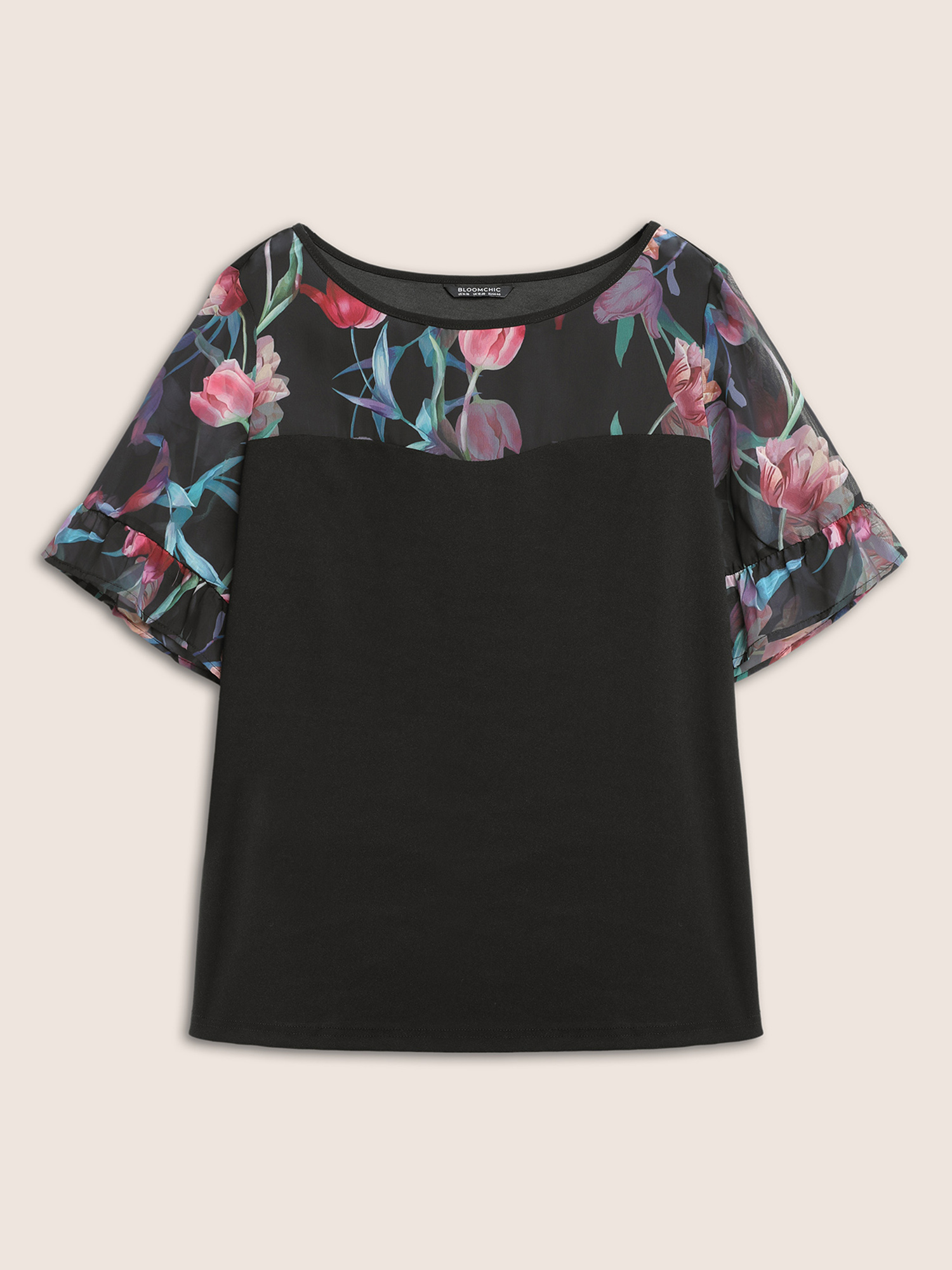 

Plus Size Floral Patchwork Mesh Round Neck Flutters T-shirt Black Round Neck Short sleeve Elegant Jersey Tops