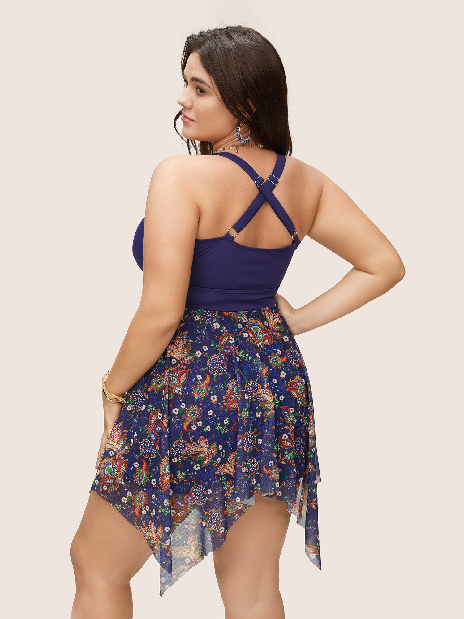 Patchwork Ruched Knot Asymmetrical Hem Swim Dress 