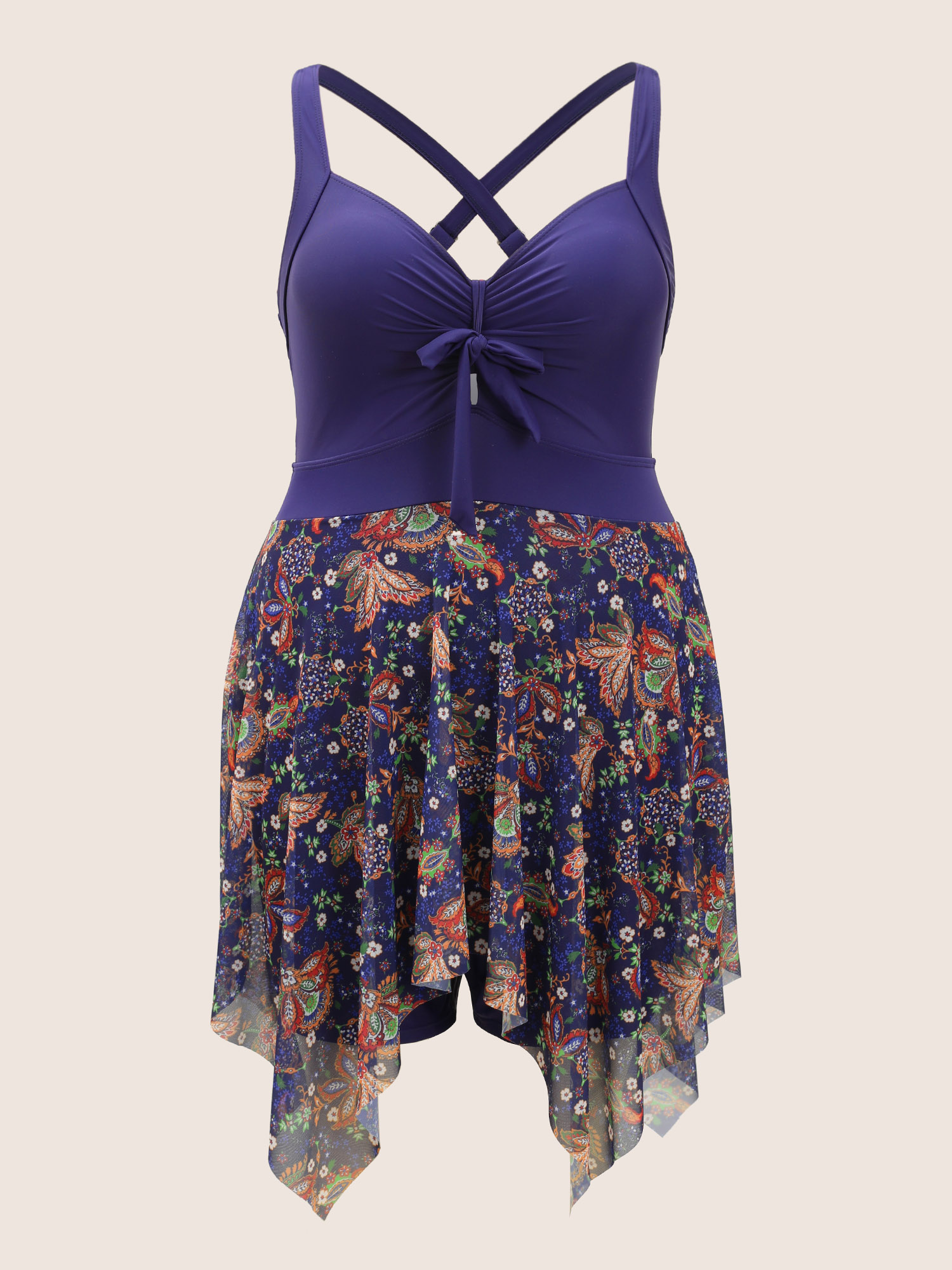 Patchwork Ruched Knot Asymmetrical Hem Swim Dress 
