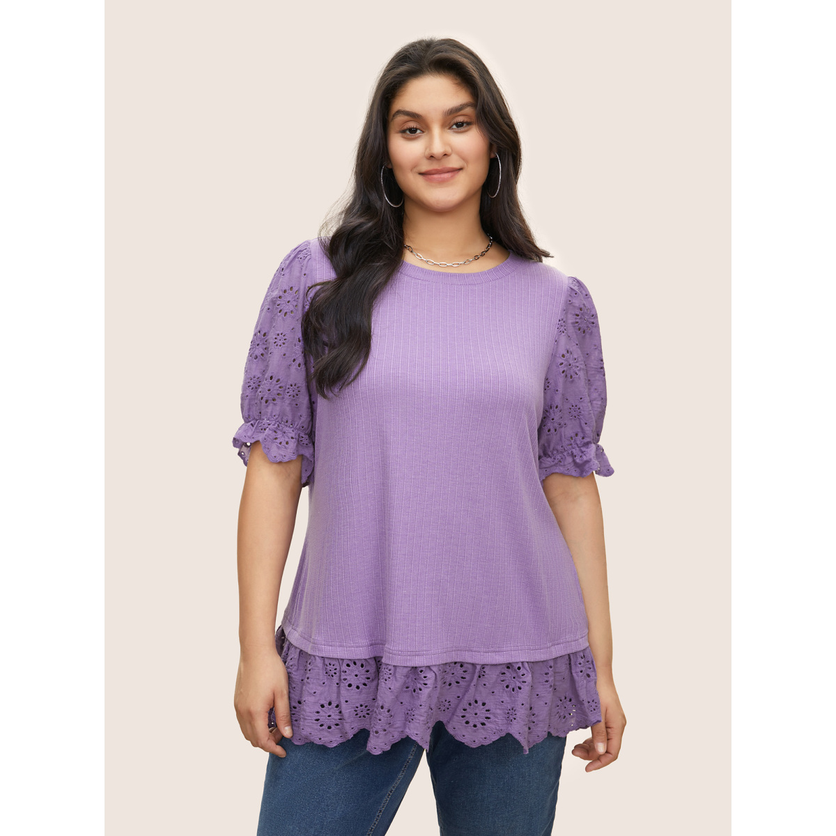 

Plus Size Solid Broderie Anglaise Patchwork Puff Sleeve T-shirt BlueViolet Women Elegant Cut-Out Plain Round Neck Everyday T-shirts BloomChic