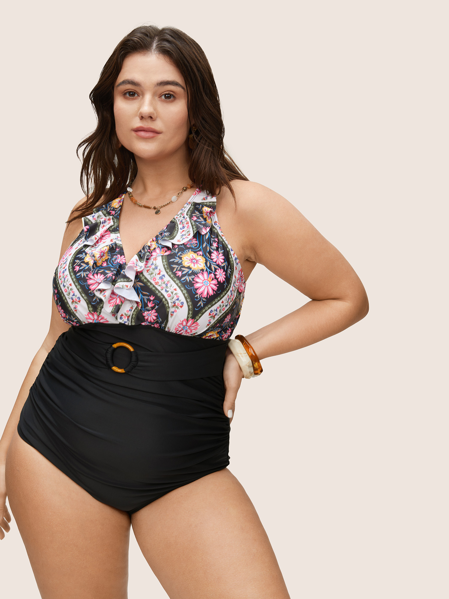 

Plus Size Floral Flutters Buckle Detail One Piece Swimsuit Women's Swimwear Black Beach Non Curve Bathing Suits High stretch One Pieces BloomChic