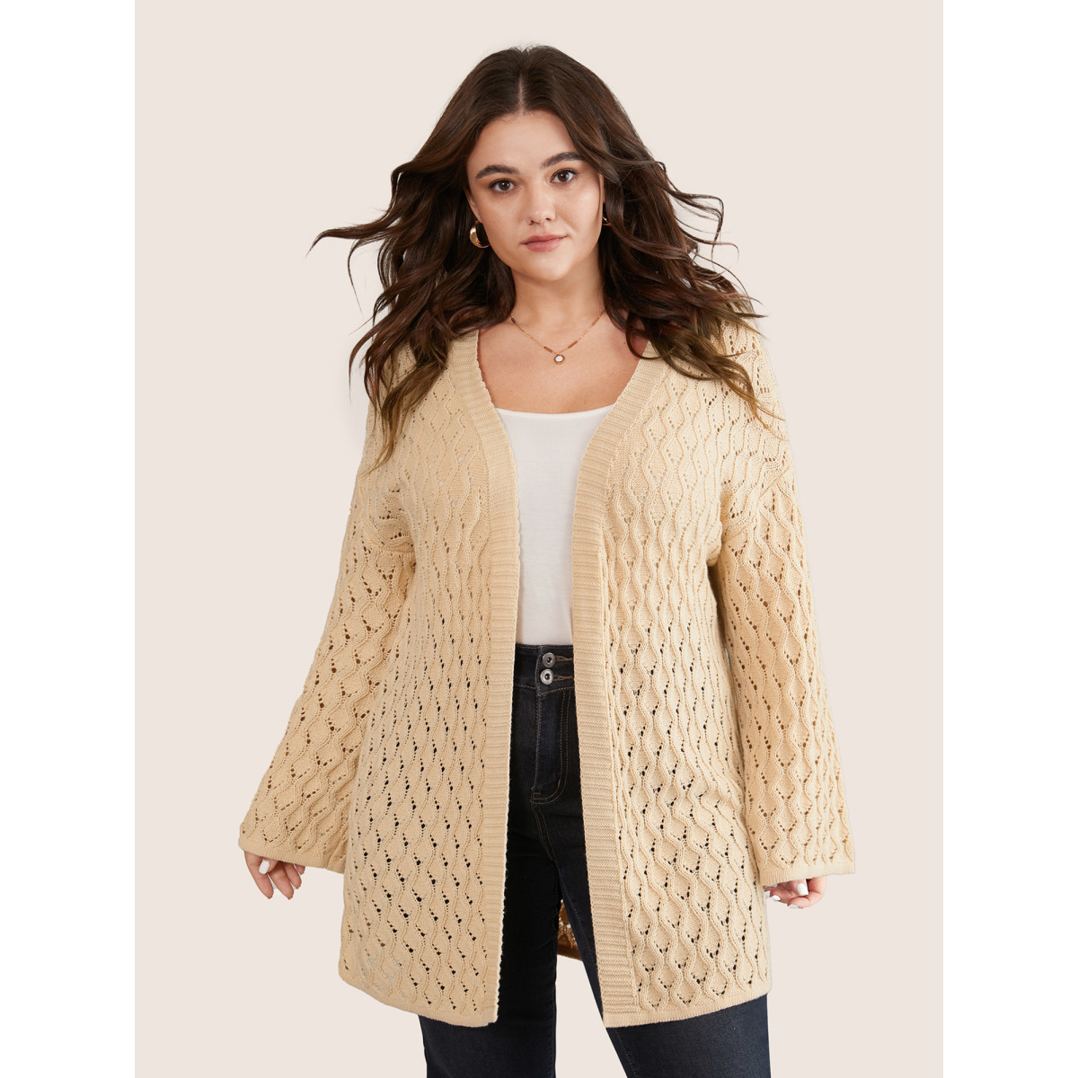 

Plus Size Plain Hollow Out Drop Shoulder Cable Knit Cardigan Apricot Women Casual Everyday Cardigans BloomChic