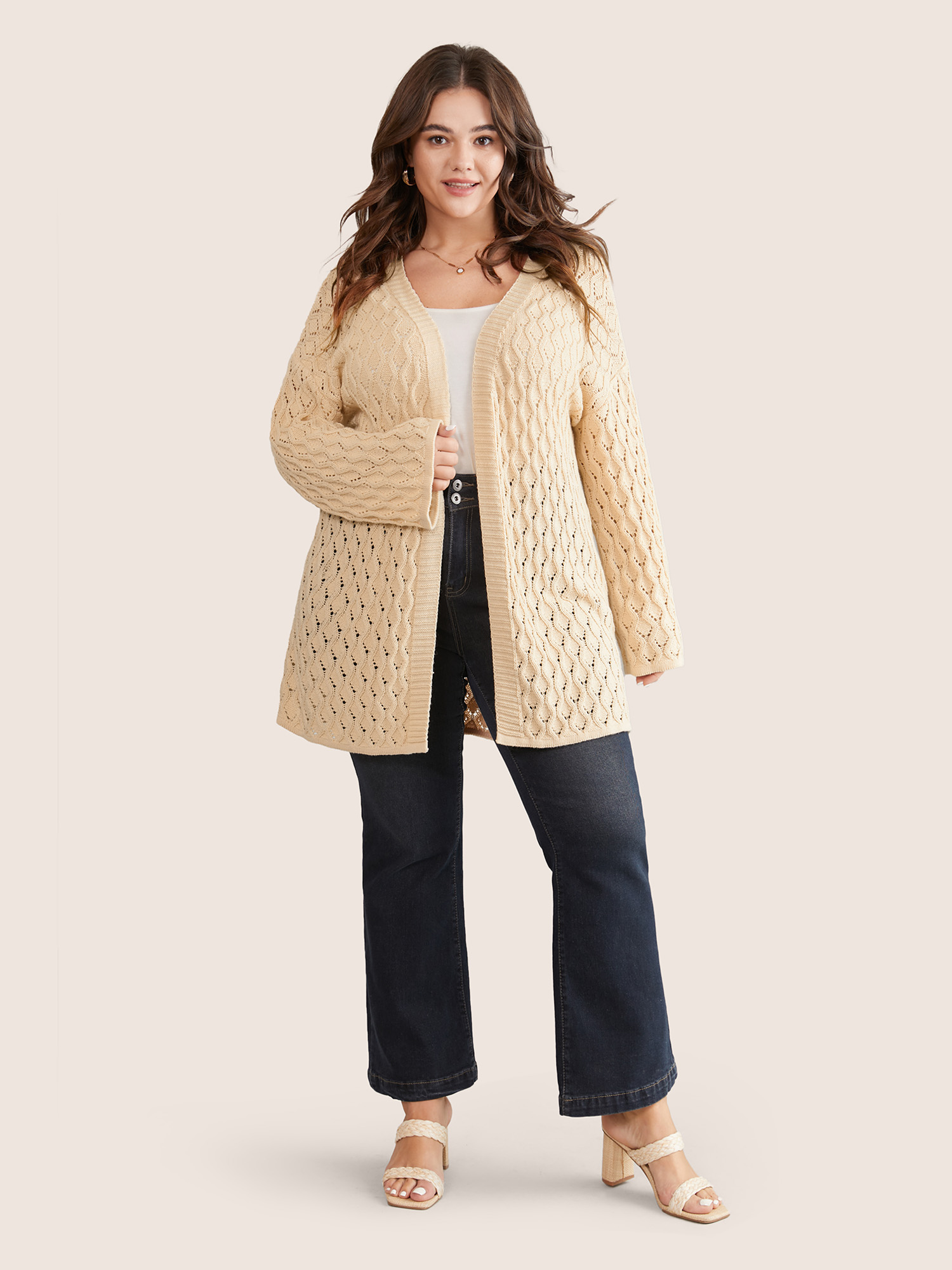 

Plus Size Plain Hollow Out Drop Shoulder Cable Knit Cardigan Apricot Women Casual Everyday Cardigans BloomChic