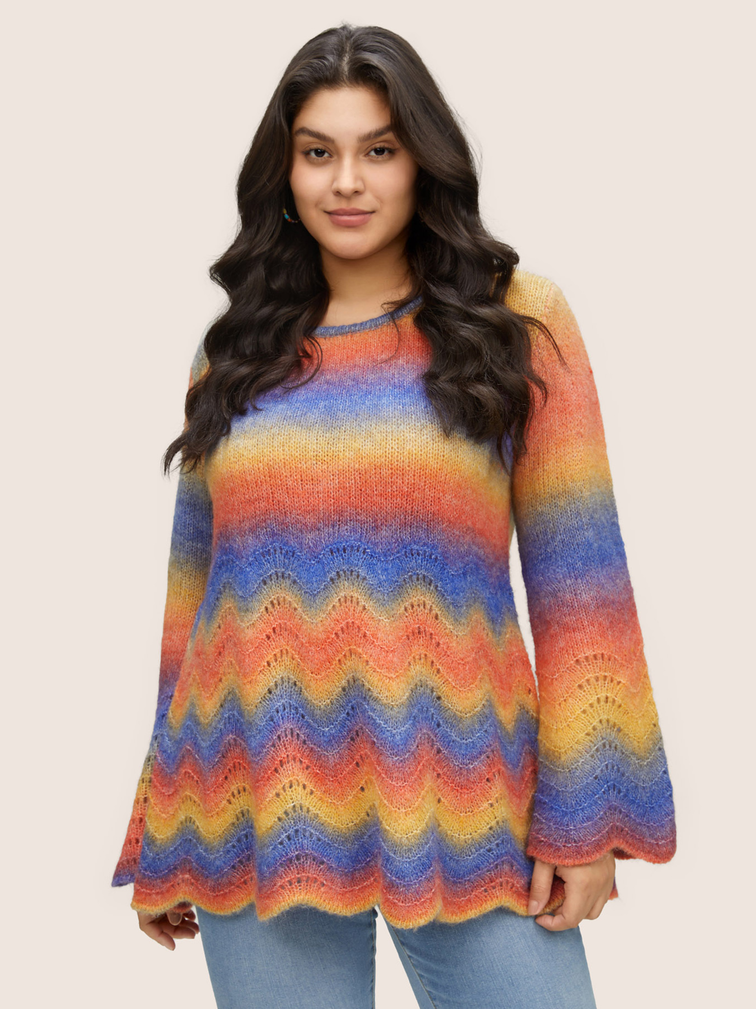 

Plus Size Ombre Contrast Hollow Out Scalloped Trim Pullover Multicolor Women Resort Long Sleeve Round Neck Vacation Pullovers BloomChic