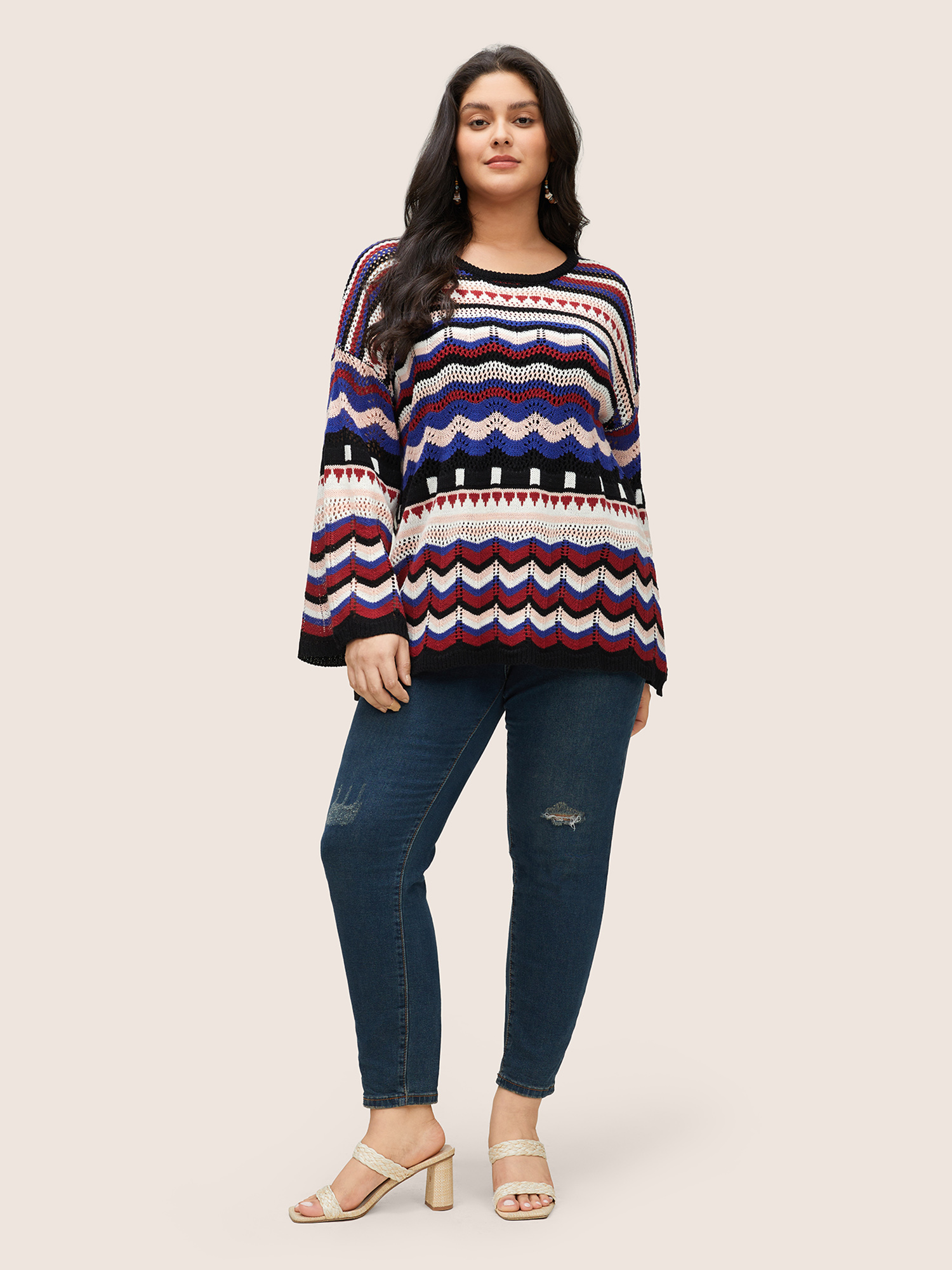 Striped Contrast Hollow Out Drop Shoulder Pullover 
