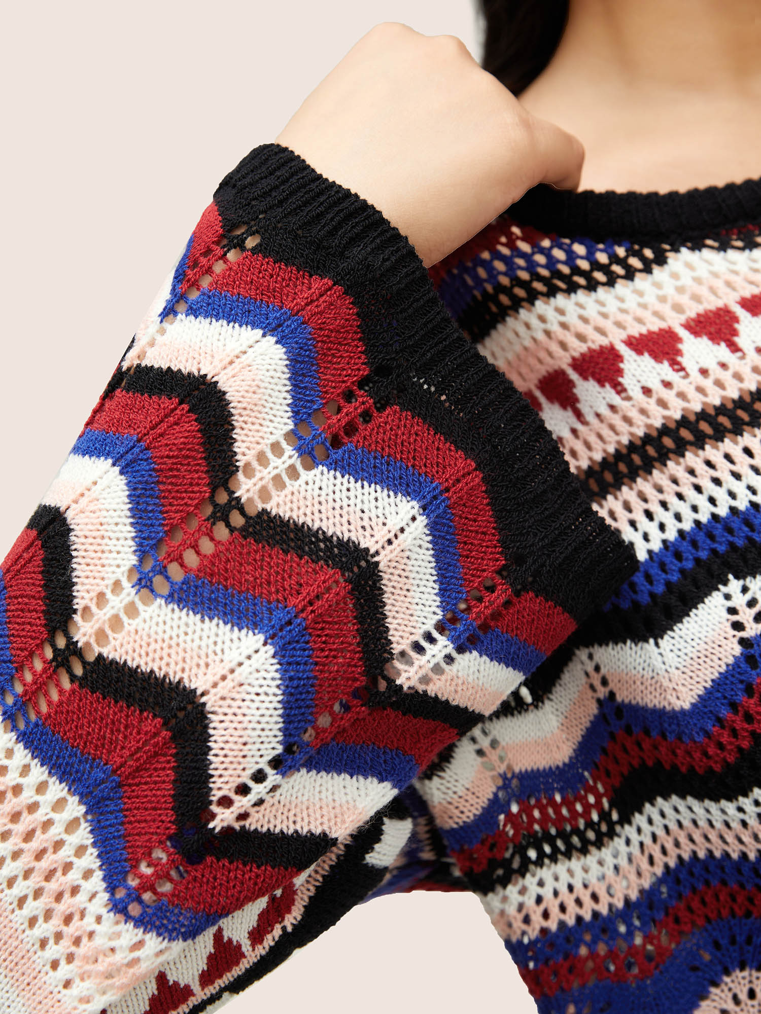 Striped Contrast Hollow Out Drop Shoulder Pullover 