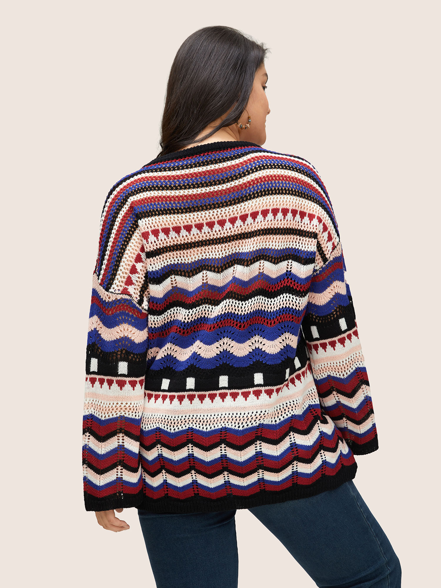 Striped Contrast Hollow Out Drop Shoulder Pullover 