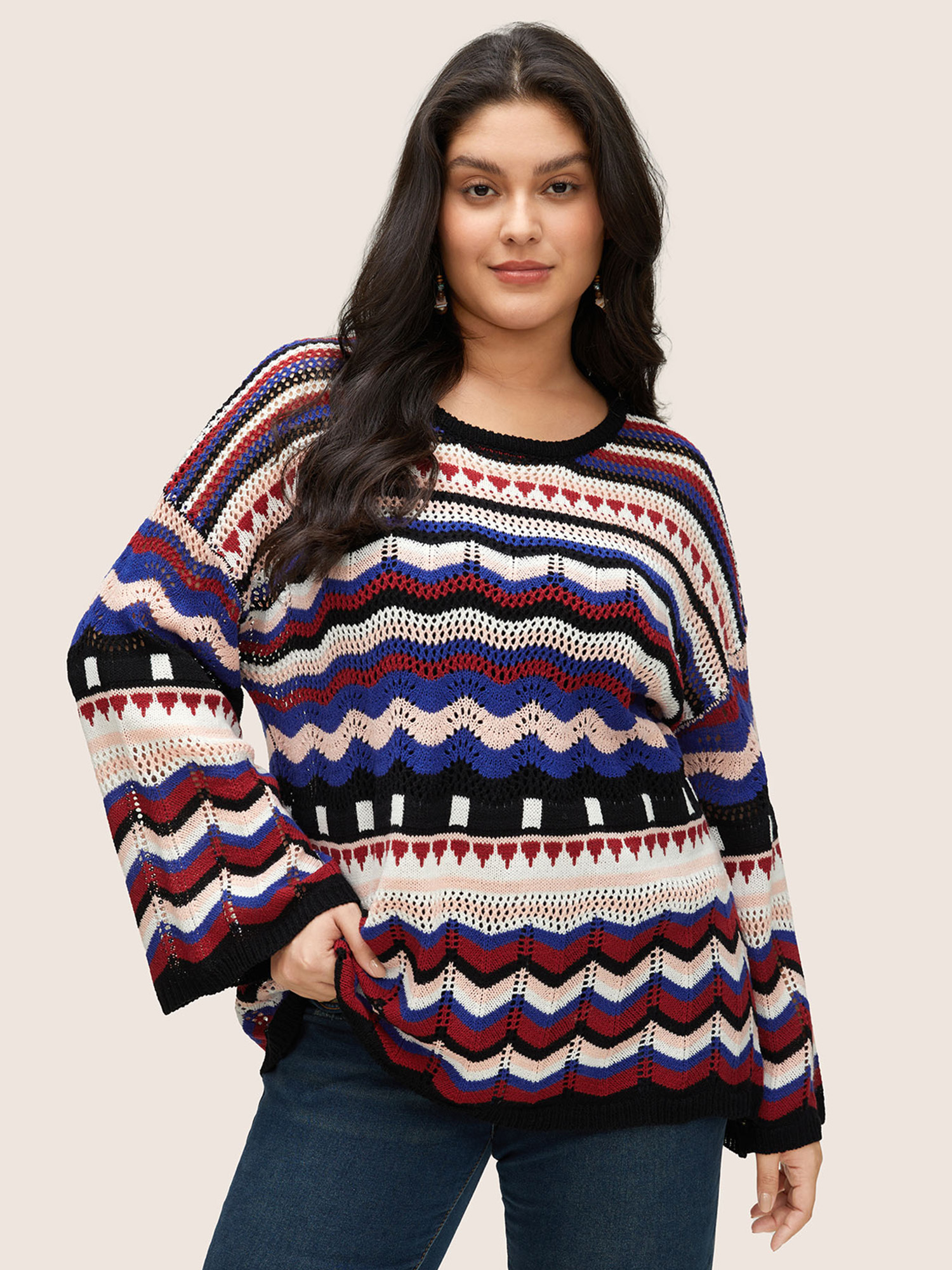 Striped Contrast Hollow Out Drop Shoulder Pullover 