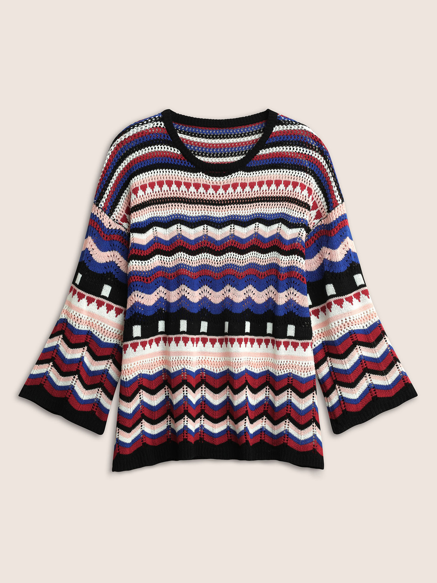 Striped Contrast Hollow Out Drop Shoulder Pullover 