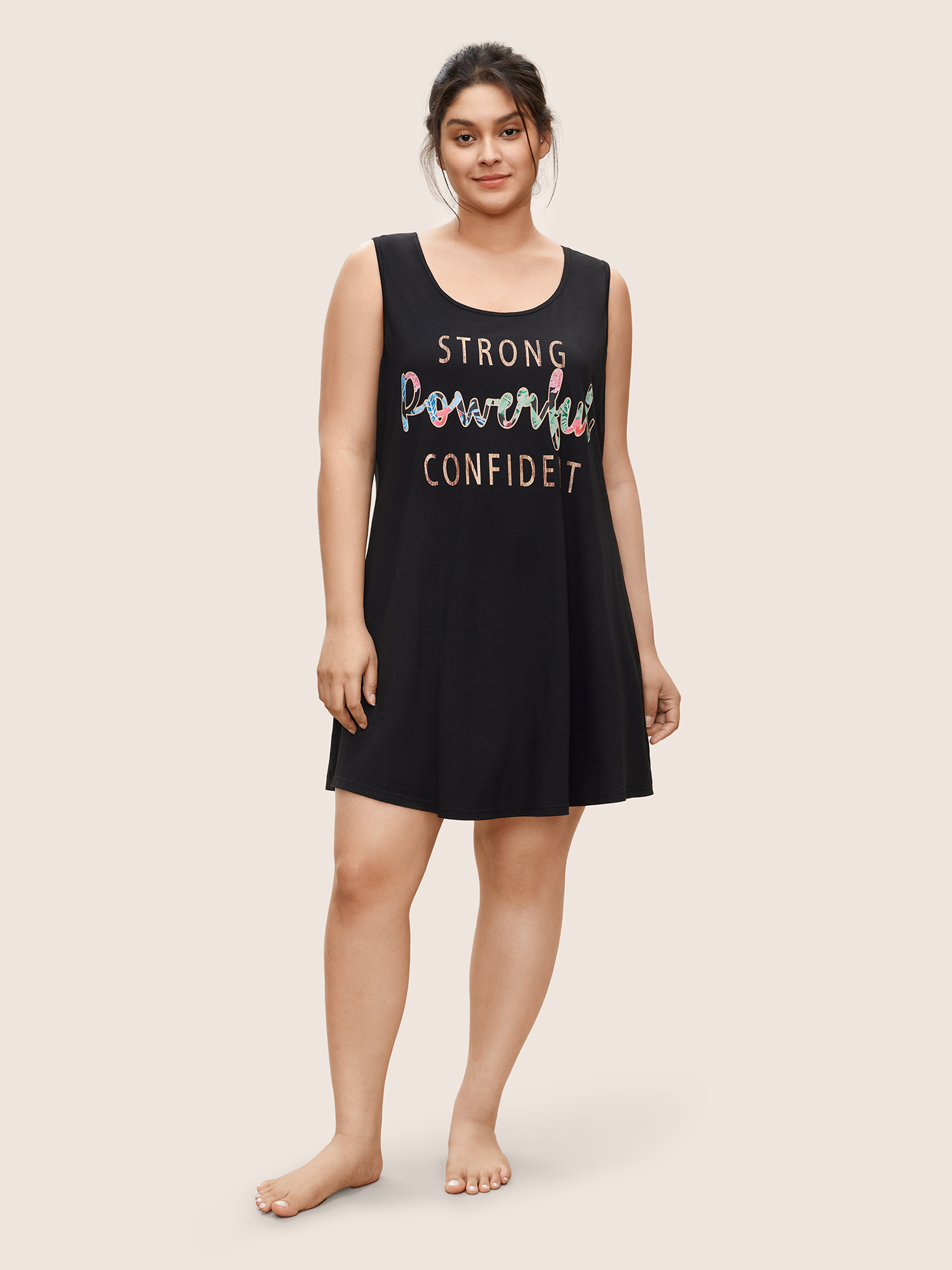 

Plus Size Contrast Letter Print Scoop Neck Sleep Dress Black Sleeveless Scoop Neck Lounge Everyday  Bloomchic