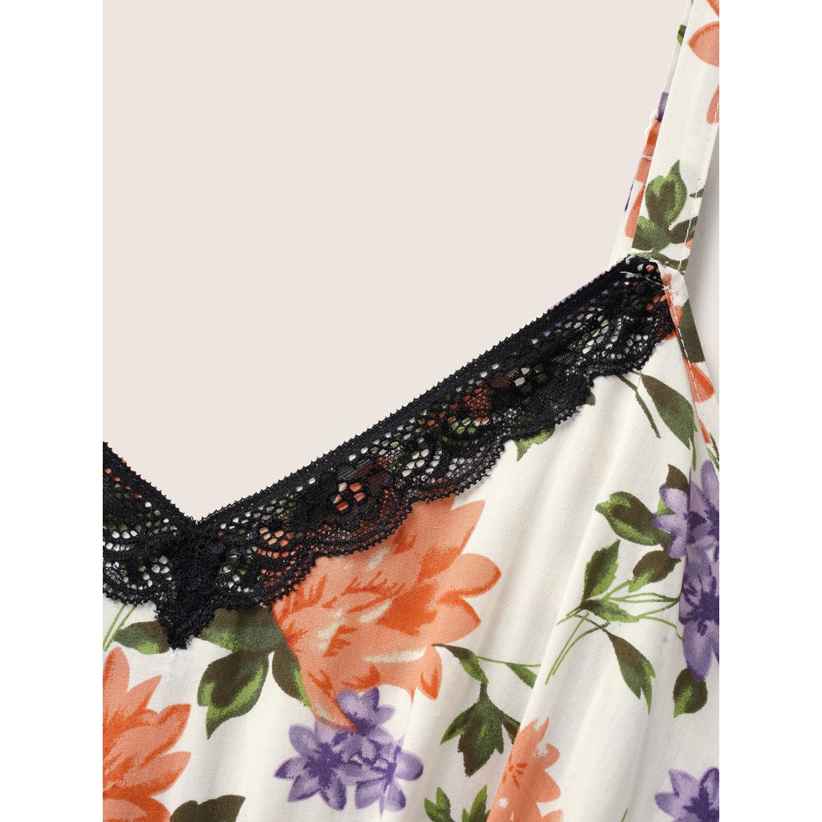 

Plus Size Boho Print Lace Panel Elastic Waist Cami Sleep Dress White Heart neckline Lounge Everyday  Bloomchic