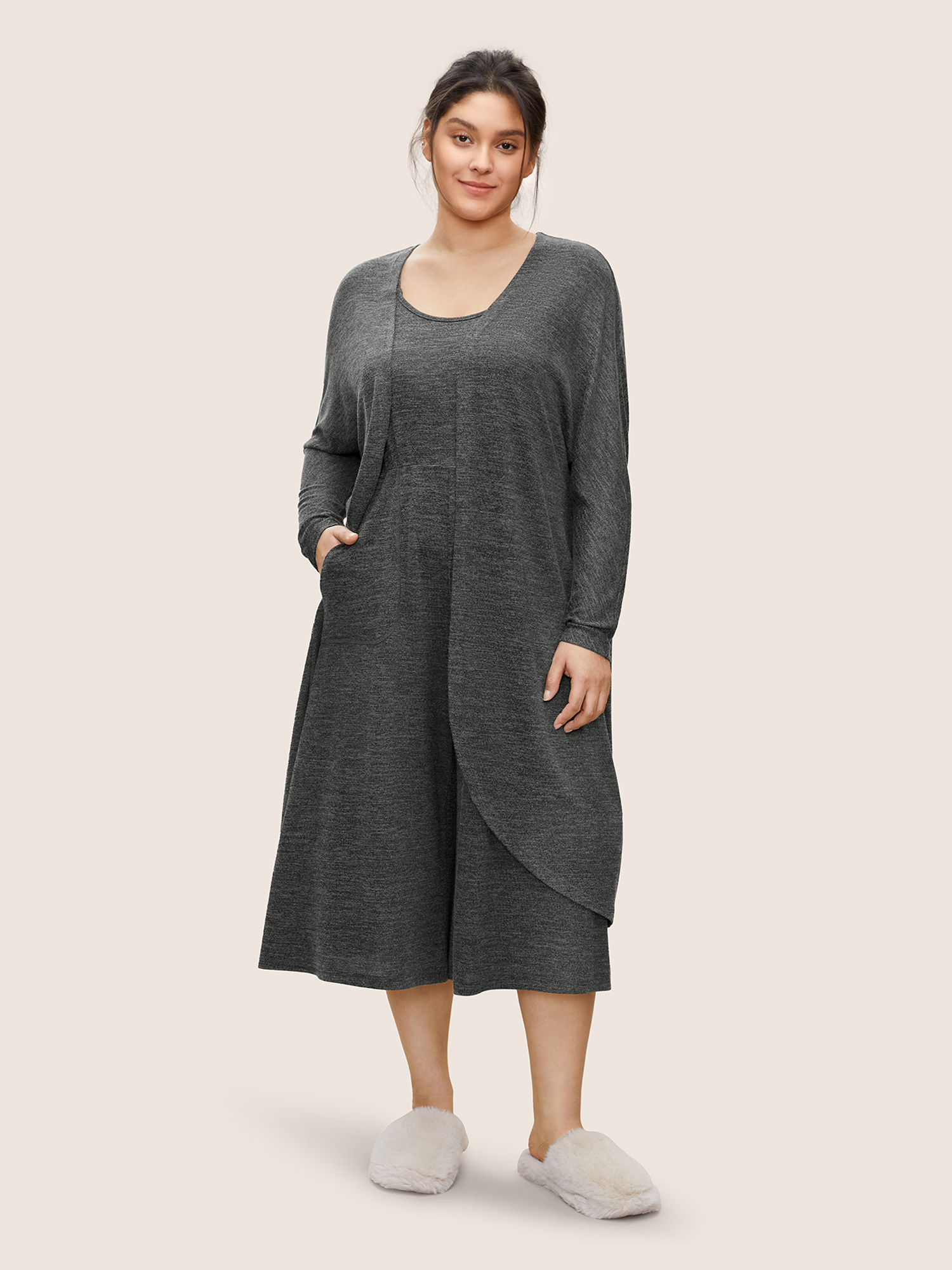 

Plus Size Solid Heather Dolman Sleeve Open Front Robe DimGray Plain Non Everyday Lounge Robes/Robes Sets  Bloomchic