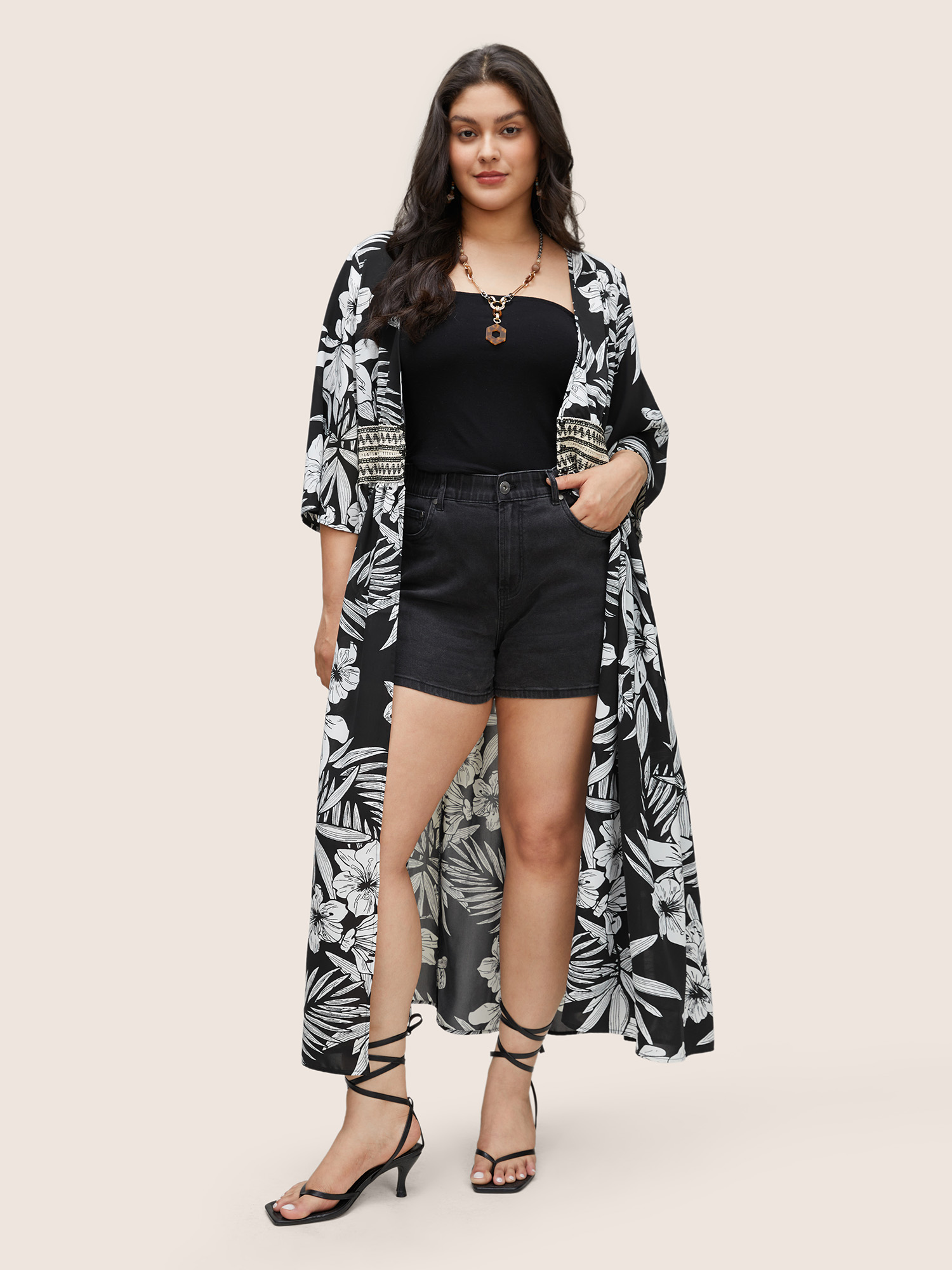 

Plus Size Floral Braided Lace Button Up Kimono Women BlackFlower Resort Patchwork Vacation Kimonos BloomChic