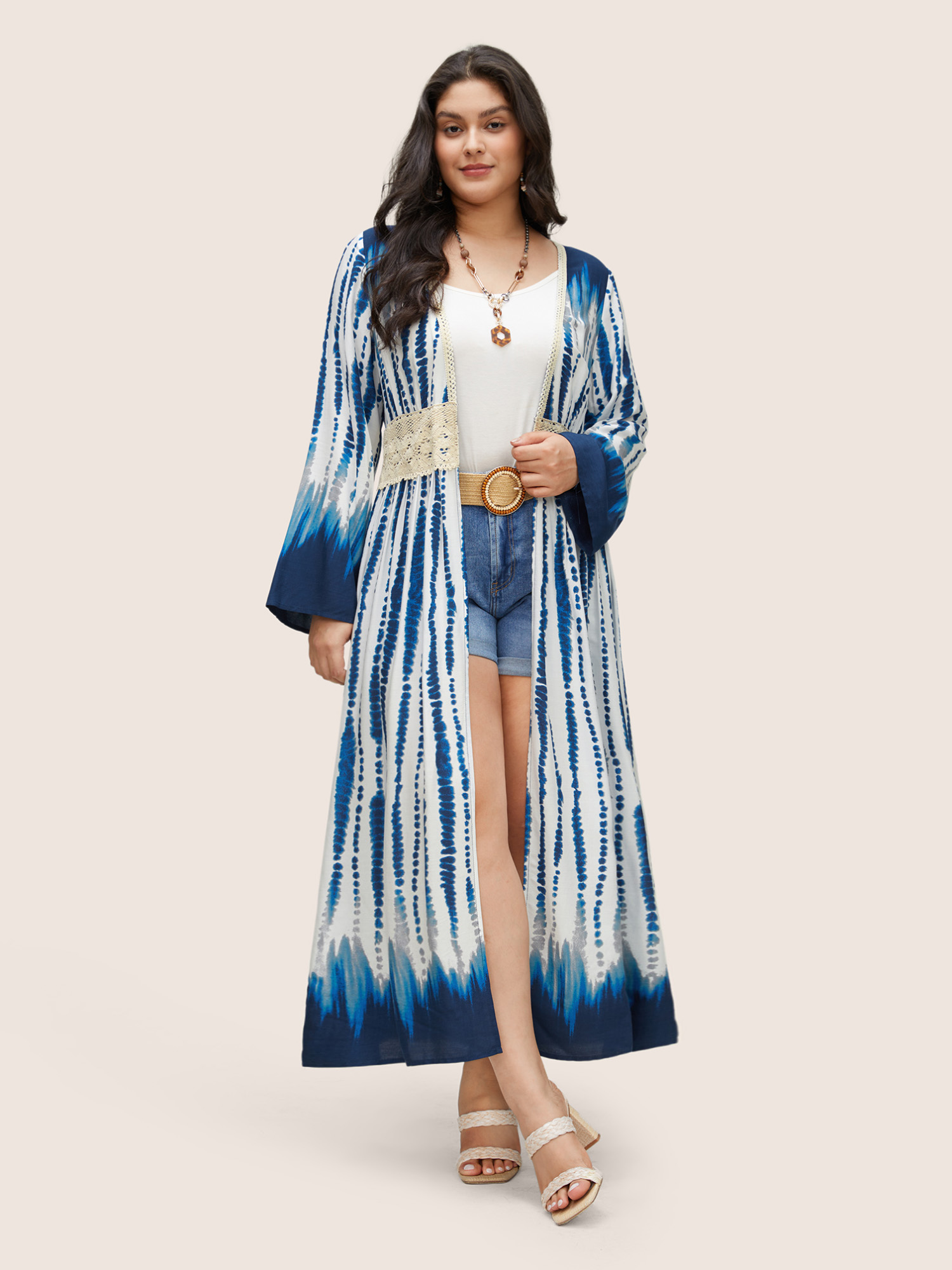 

Plus Size Tie Dye Guipure Lace Waist Trim Kimono Women Blue Resort Tie Dye Vacation Kimonos BloomChic