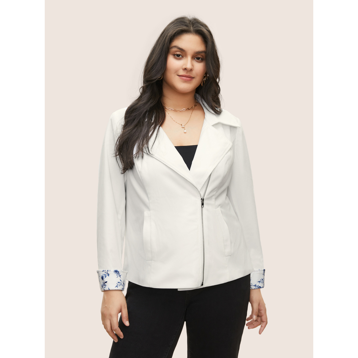 

Plus Size Corduroy Patchwork Floral Lapel Collar Zipper Jacket Women White Non Side seam pocket Everyday Jackets BloomChic