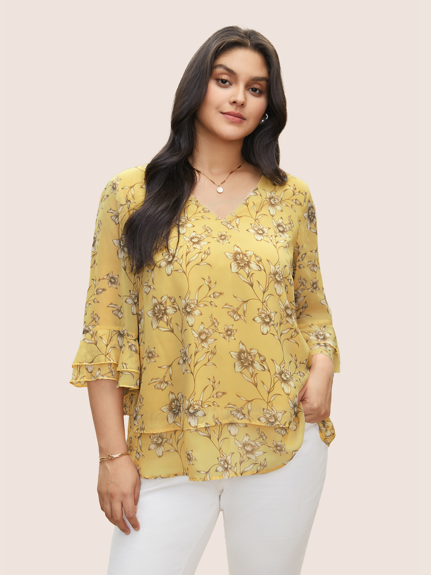 

Plus Size Yellow Daffodils Print Tiered Ruffle Sleeve Mesh Blouse Women Elegant Elbow-length sleeve V-neck Everyday Blouses BloomChic