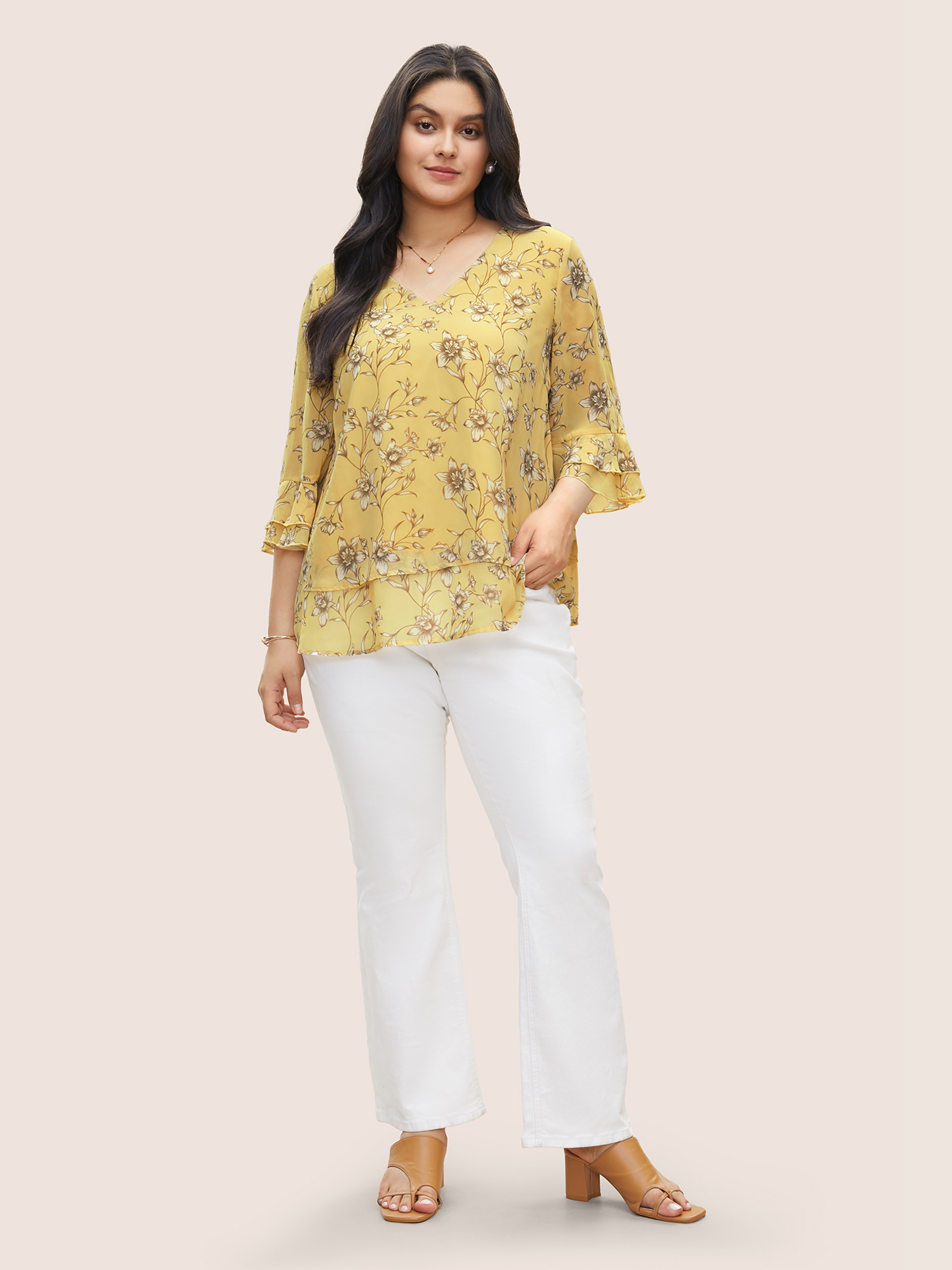 

Plus Size Yellow Daffodils Print Tiered Ruffle Sleeve Mesh Blouse Women Elegant Elbow-length sleeve V-neck Everyday Blouses BloomChic