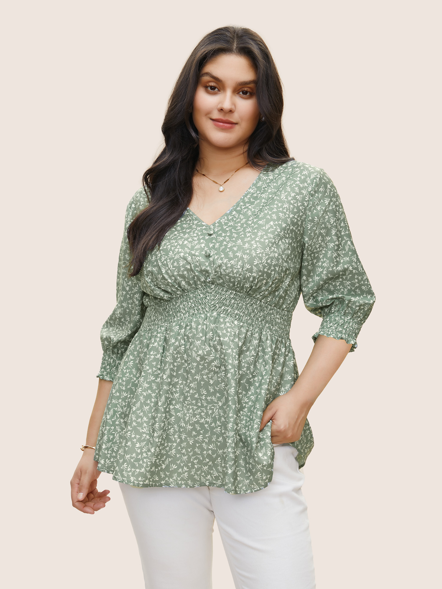 

Plus Size Mint Ditsy Floral Shirred Elastic Waist Lantern Sleeve Blouse Women Elegant Elbow-length sleeve V-neck Everyday Blouses BloomChic