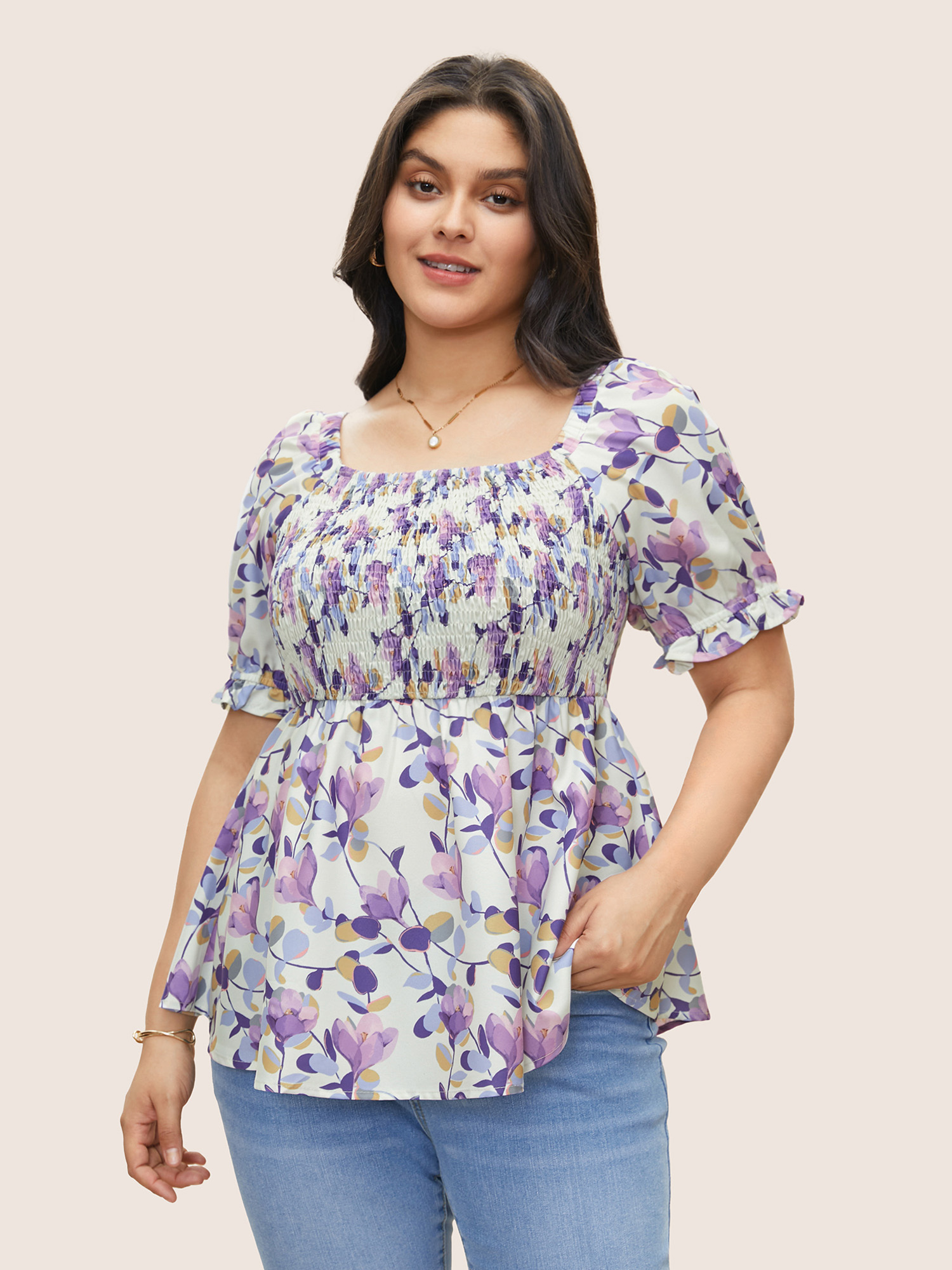 

Plus Size White Floral Shirred Ruffles Elastic Waist Square Neck Blouse Women Elegant Short sleeve Square Neck Everyday Blouses BloomChic