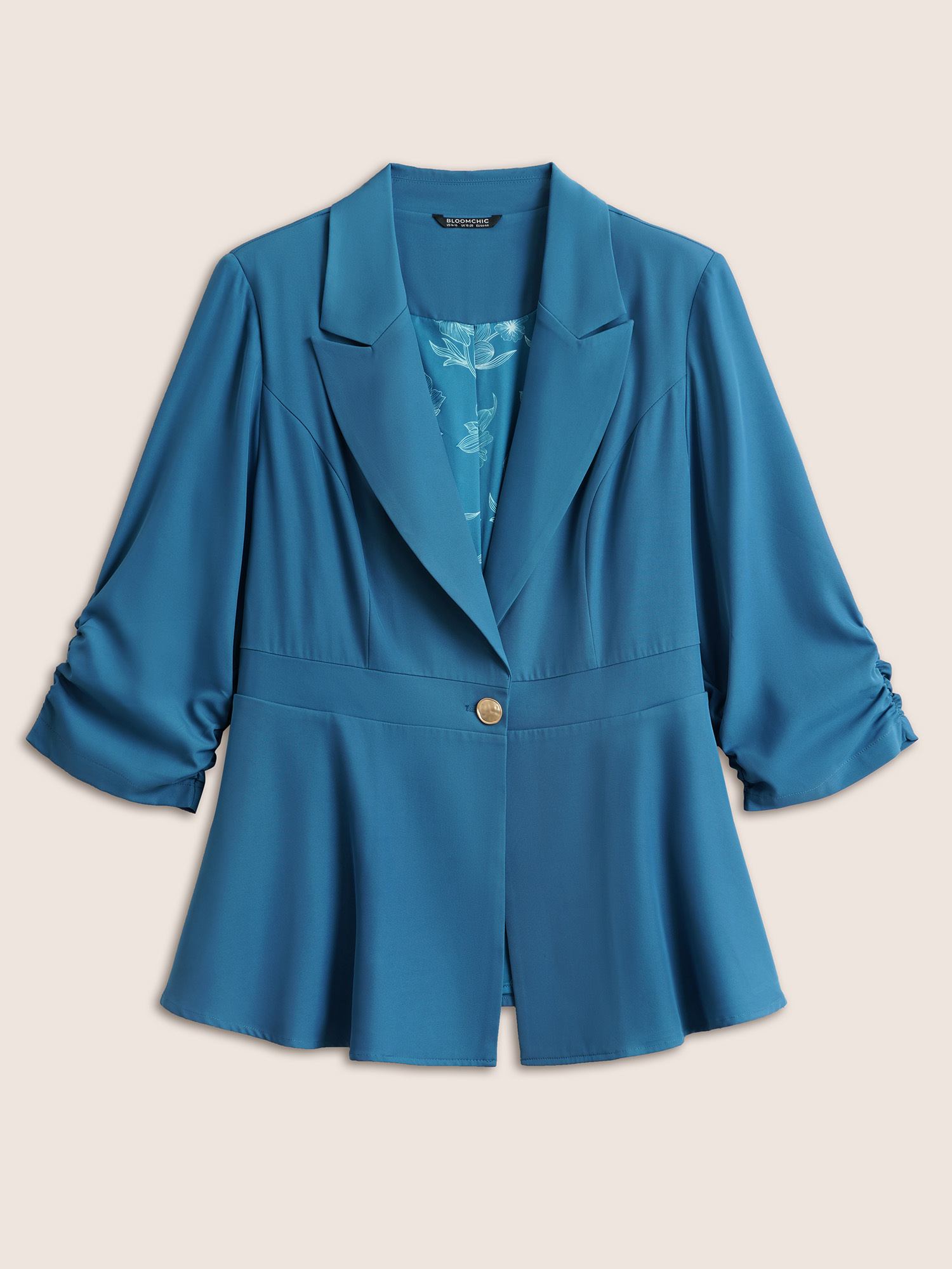 

Plus Size Suit Collar Gathered Lined Floral Blazer Cerulean Women Work Plain Non  Slanted pocket At the Office Blazers BloomChic