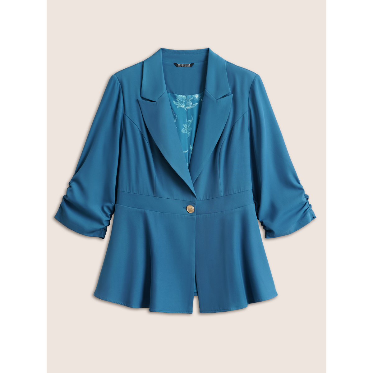 

Plus Size Suit Collar Gathered Lined Floral Blazer Cerulean Women Work Plain Non  Slanted pocket At the Office Blazers BloomChic