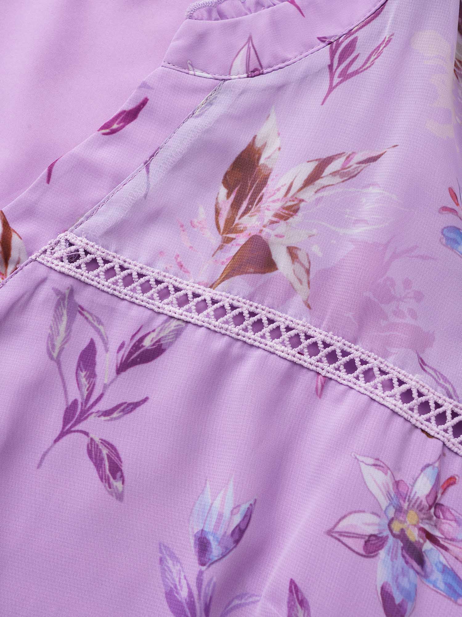

Plus Size Purple Plants Guipure Lace Button Detail Mesh Blouse Women Elegant Short sleeve V-neck Everyday Blouses BloomChic