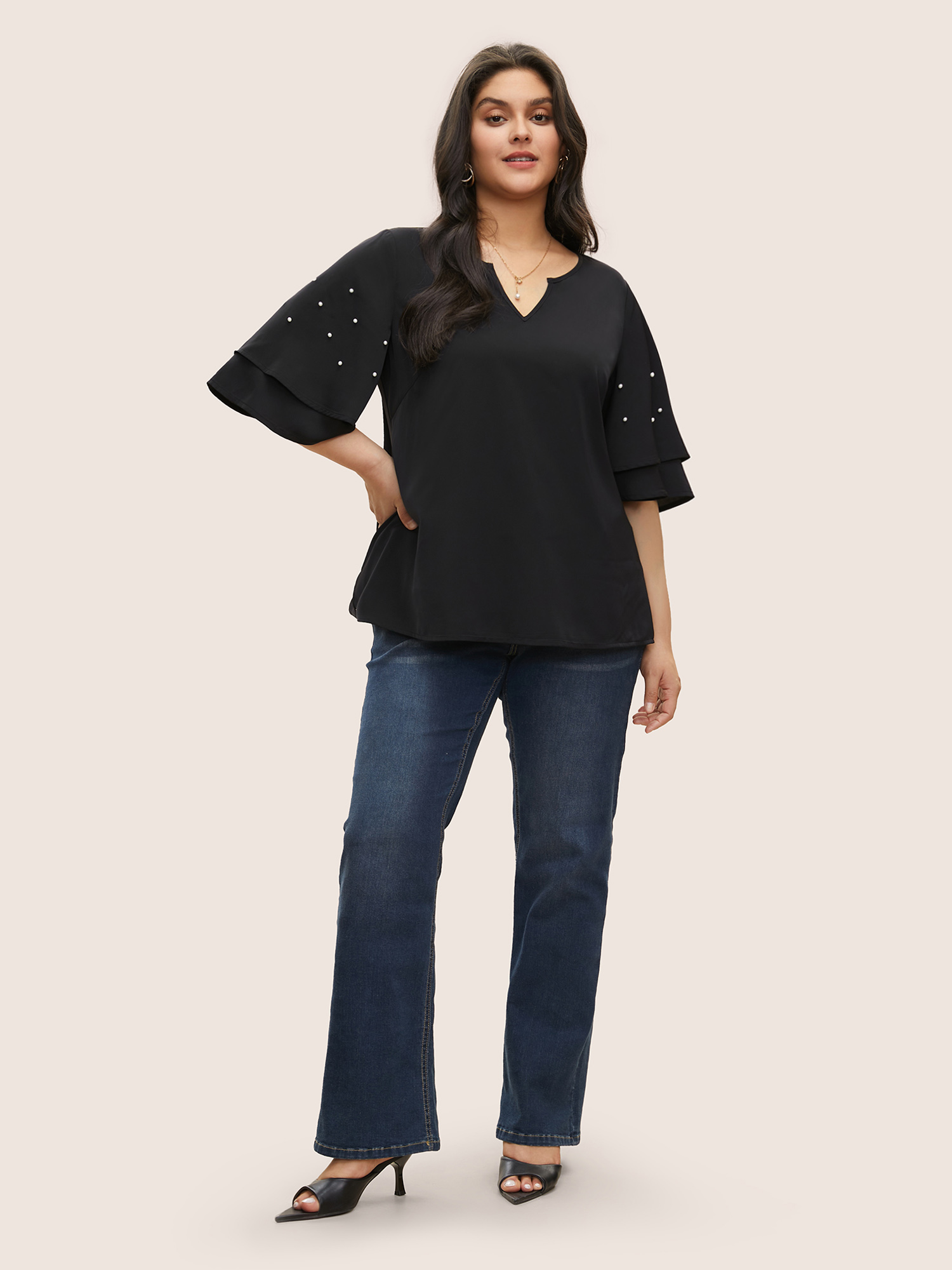 Plus Size Black Solid Pearl Beaded Ruffle Layered Sleeve Blouse Women Elegant Short sleeve V-neck Everyday Blouses BloomChic 10/M 